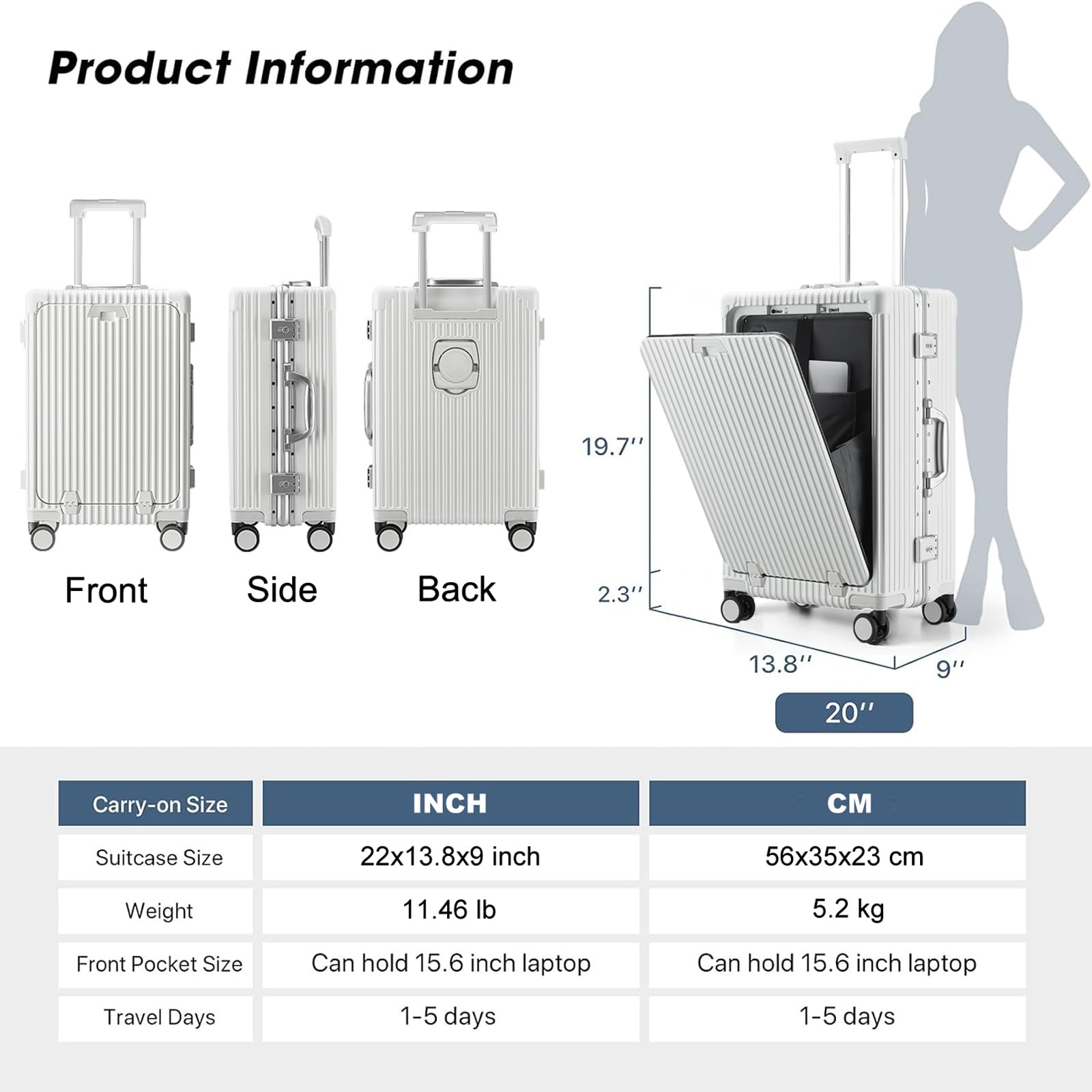 LANMOU Maleta de Cabina 20″, Marco de Aluminio + PC, Puerto USB, Blanco | Maleta Cabina Rígida 56×35×23 cm con 4 Ruedas, Cerradura TSA