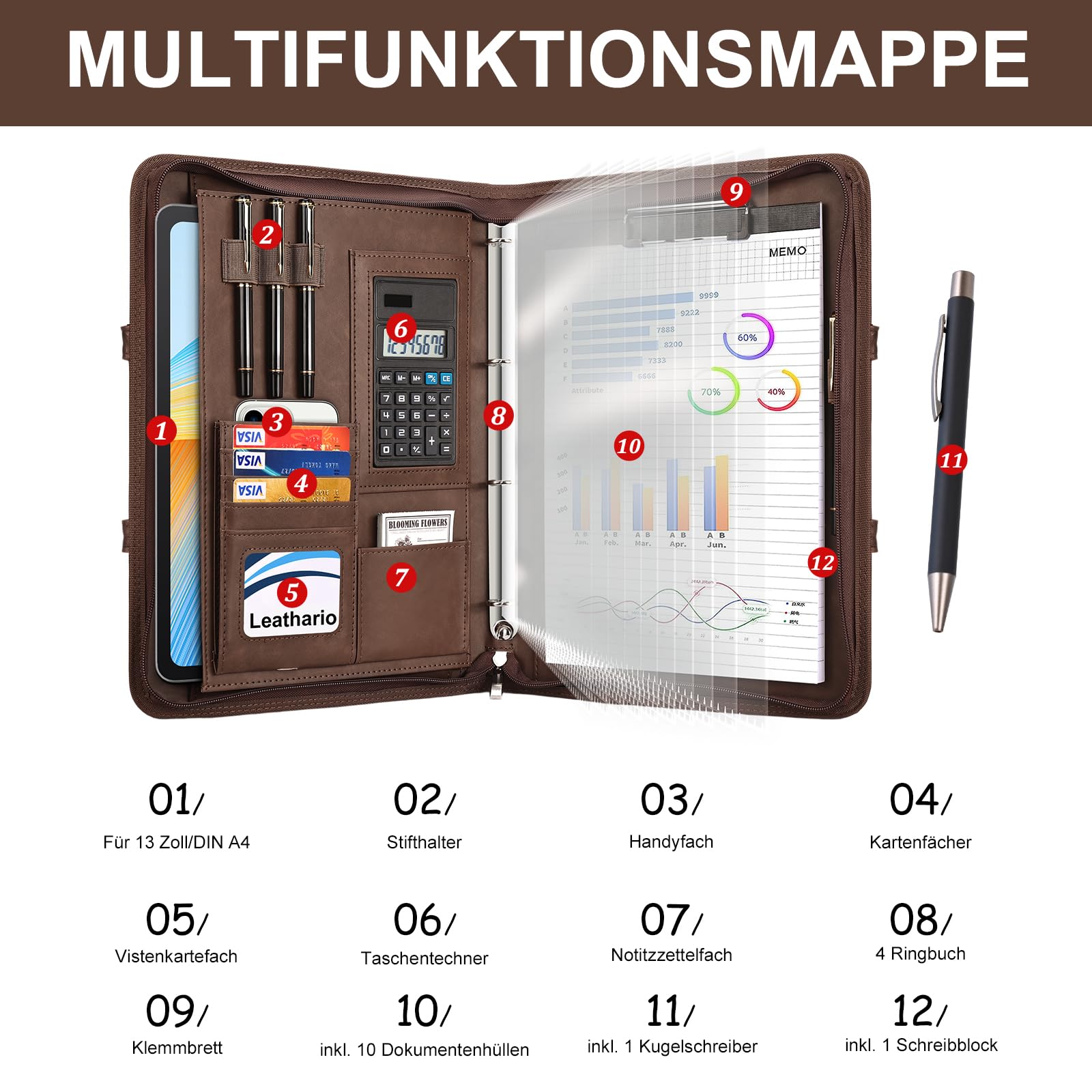Leathario Konferenzmappe a4 mit Reißverschluss,Schreibmappe a4 mit 10 Dokumentenhüllen,Magnetgriff Arbeitsmappe mit 4 Ringbuch，Veganes Leder Mappe für Meetings,Behördengänge,Uni,Bewerbungsgespräche