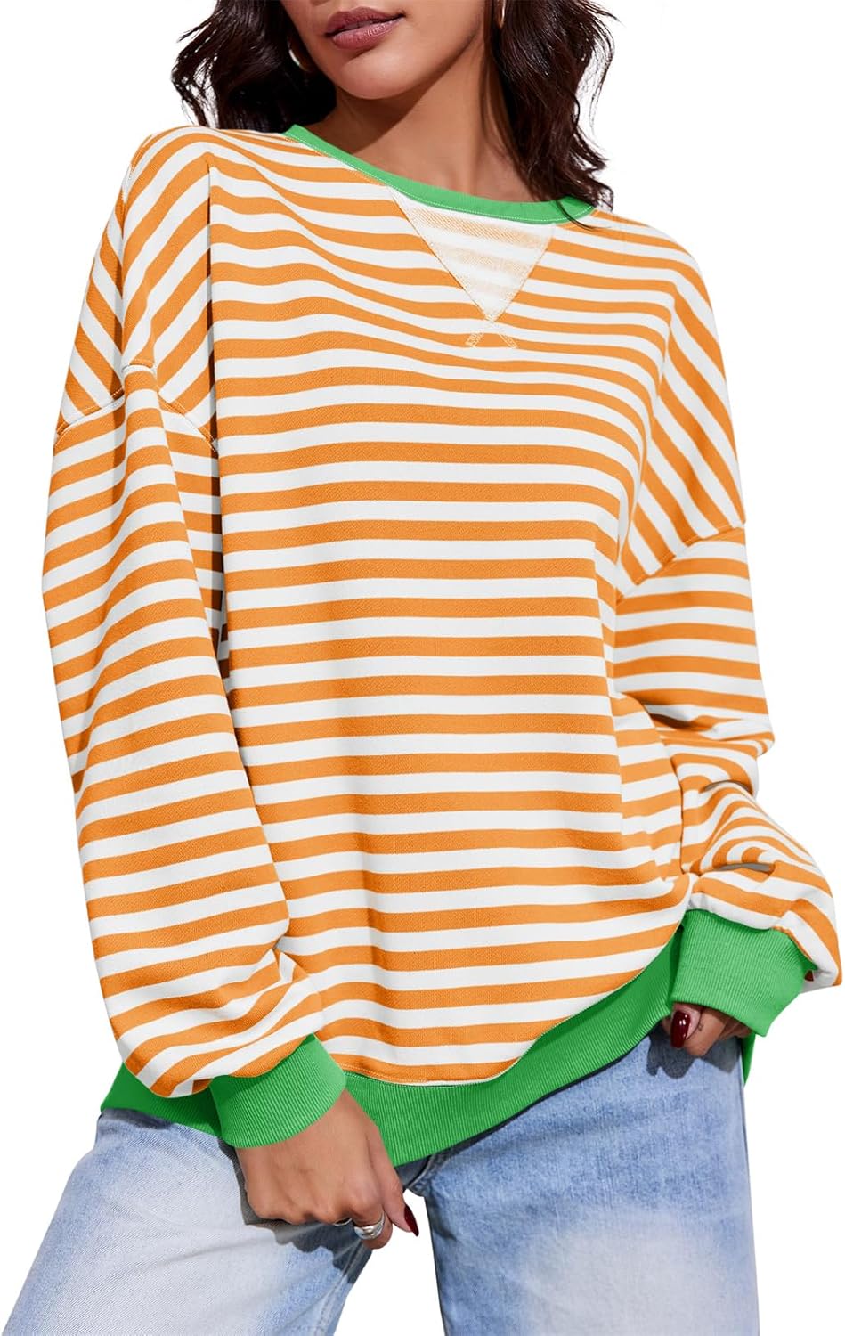 Fisoew Womens Striped Oversized Sweatshirt Color Block Crew Neck Long Sleeve Shirt Casual Loose Pullover Top Y2K Clothes Orange - Image 2