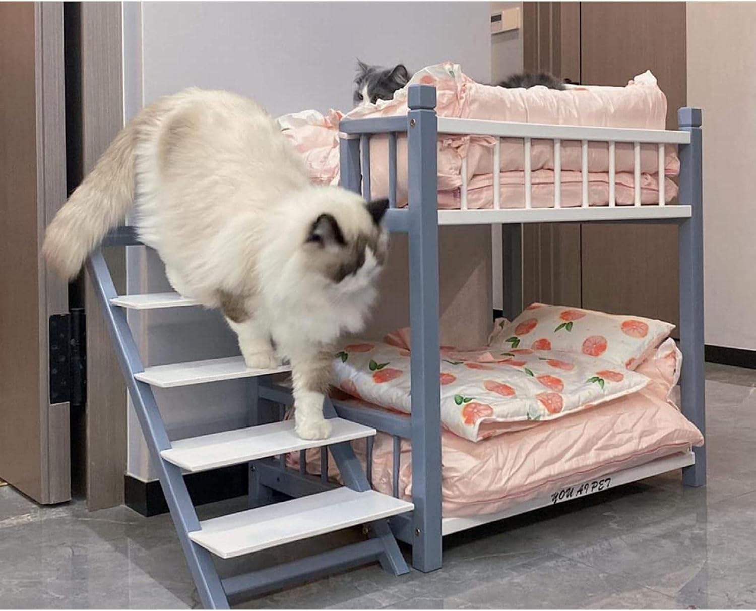 Etagenbett für kleine Hunde und mittelgroße Haustiere, doppellagiger Holzrahmen, Haustierbett mit erhöhter Sitzstange, für Hunde und Katzen, perfekt für kleine und mittelgroße Hunde, Grau, Größe L