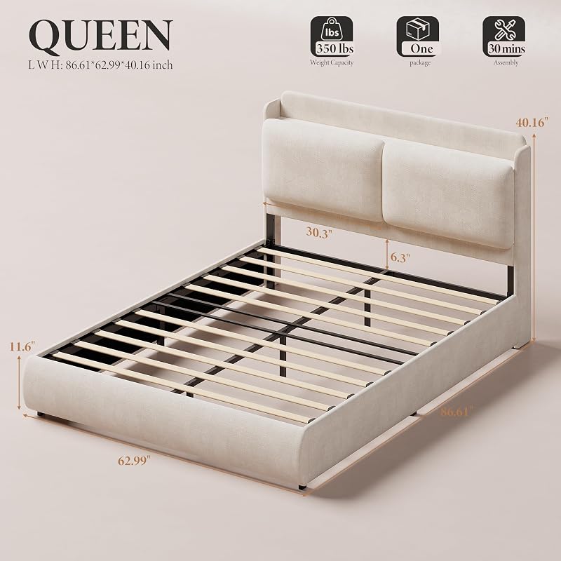 Garvee Queen Upholstered Bed Frame with Shelf & Drawers- Beige image 2