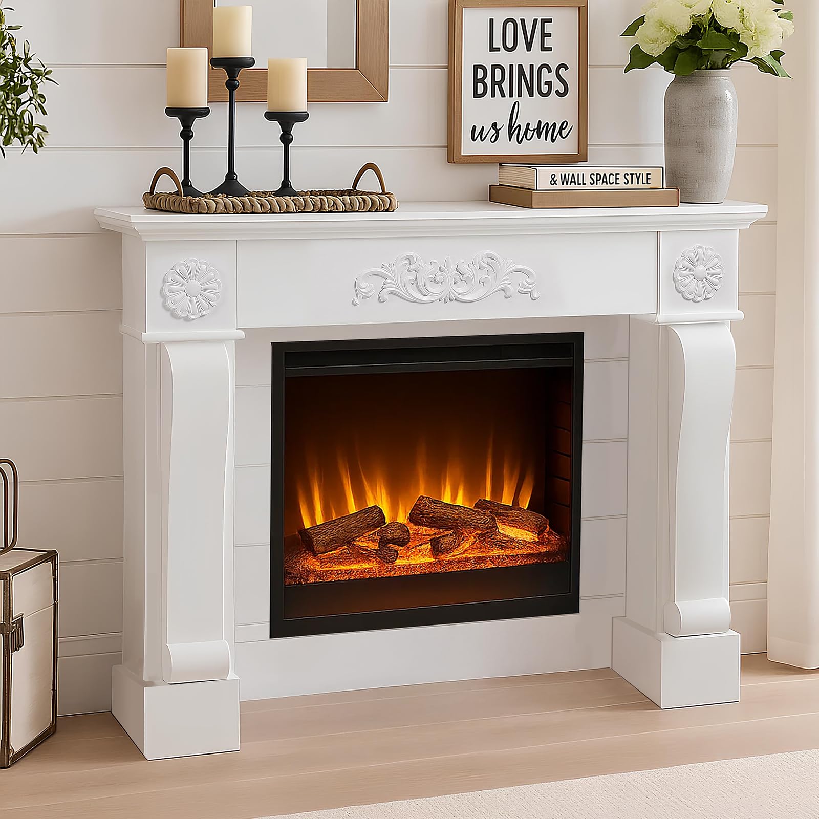 HOMEDIARY 44.5" Fireplace Mantel, Freestanding Fireplace Surround with Leg for Electric Fireplaces, MDF Mantel Surround with Shelf for Living Room with Decorative Pattern, Anti-Tipping &amp; Waterproof