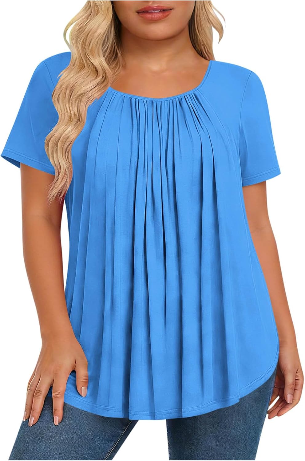 Women's Plus Size Solid Round Neck Pleated Short Sleeve Top | Soft Breathable Fabric Tunic, Relaxed Flowy Silhouette, Curved Bottom Edge, Smooth Texture for Casual Leisure Blouse