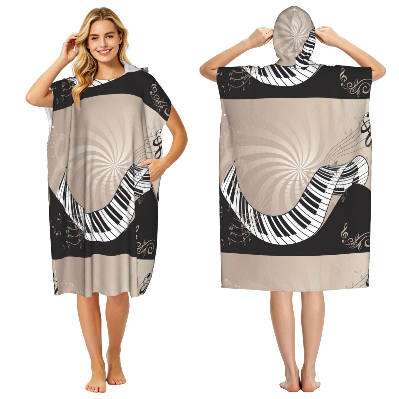 Poadnly Piano Keyboard, Adult Hooded Beach Towel 90 x 110 cm,Changing Bath Robe, Surf Poncho Towel For Women Men