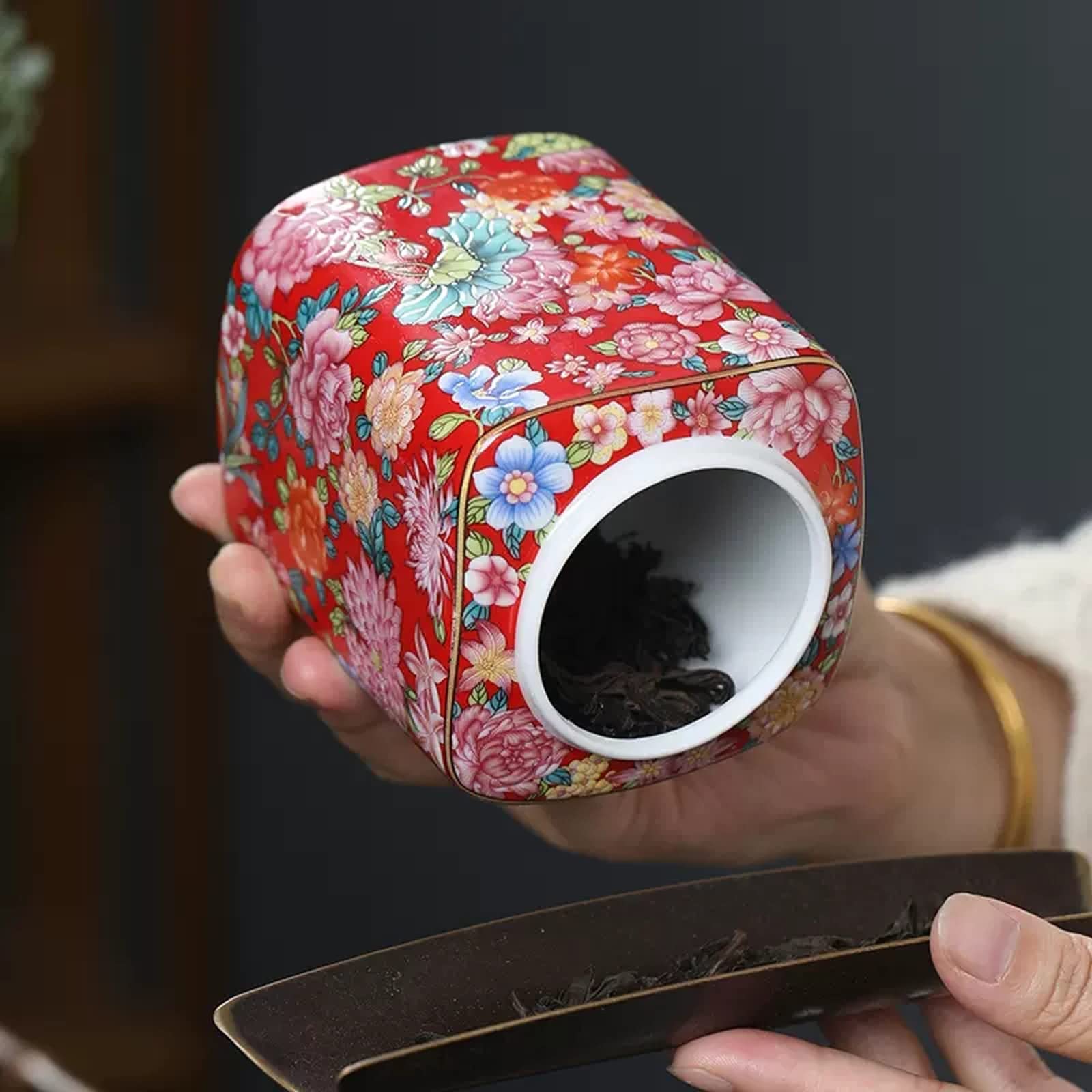 Teedose Chinesische Retro-rot gemusterte Keramikdose for losen Tee, Teeaufbewahrung, Teedose, Teedose, Teeaufbewahrungsbehälter, Dosen, Glas mit luftdichtem Deckel Teekanister