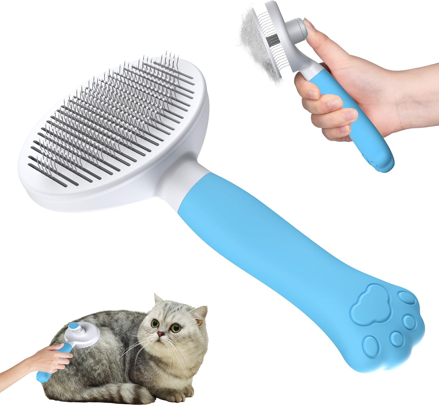 Cat Brush Dog Brush [Ergonomic Grip & One-click Cleaning] Groomi Tool for Short & Long Haired Dogs/Cats/Rabbits, Deshedding Brush(Blue)