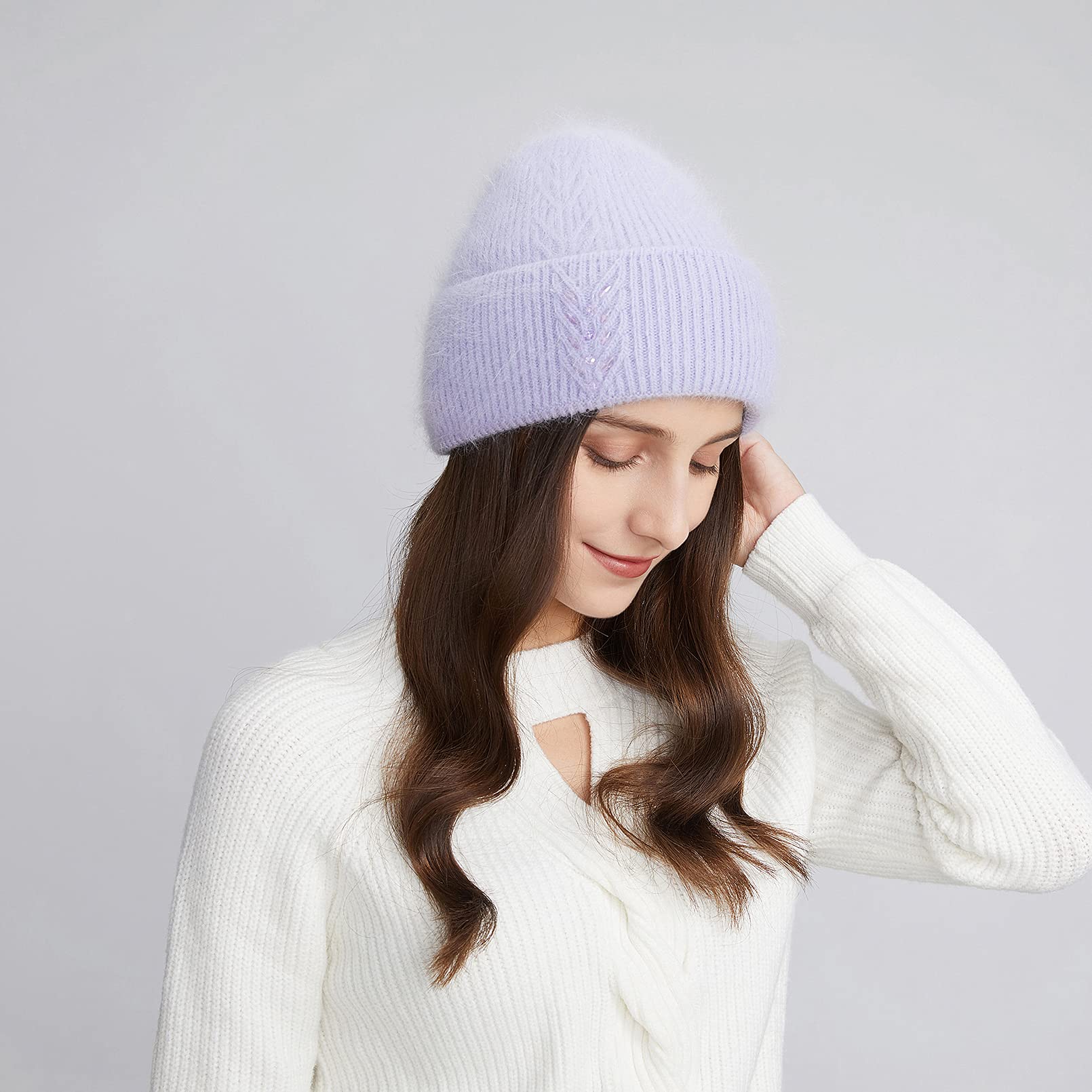 BeFur Bonnet à pompon en cachemire pour femme - Chaud - Côté large avec strass - Pour l'hiver, Violet, Taille unique