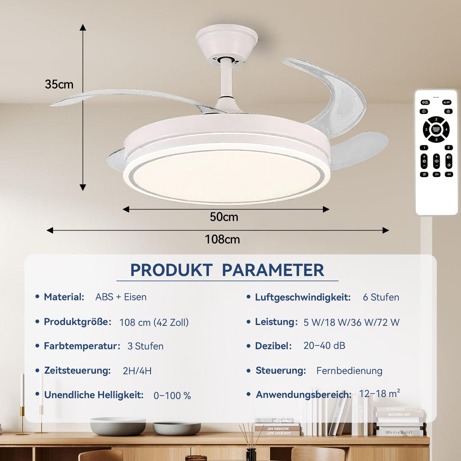 Warmfay Deckenventilator mit Beleuchtung, 108CM Ventilatorlicht Einziehbaren Flügeln, Leiser LED Deckenventilator, 3 Farbtemperaturen, Dimmbar, Reversible DC Motor, Timer, 6 Geschwindigkeiten, Weiß