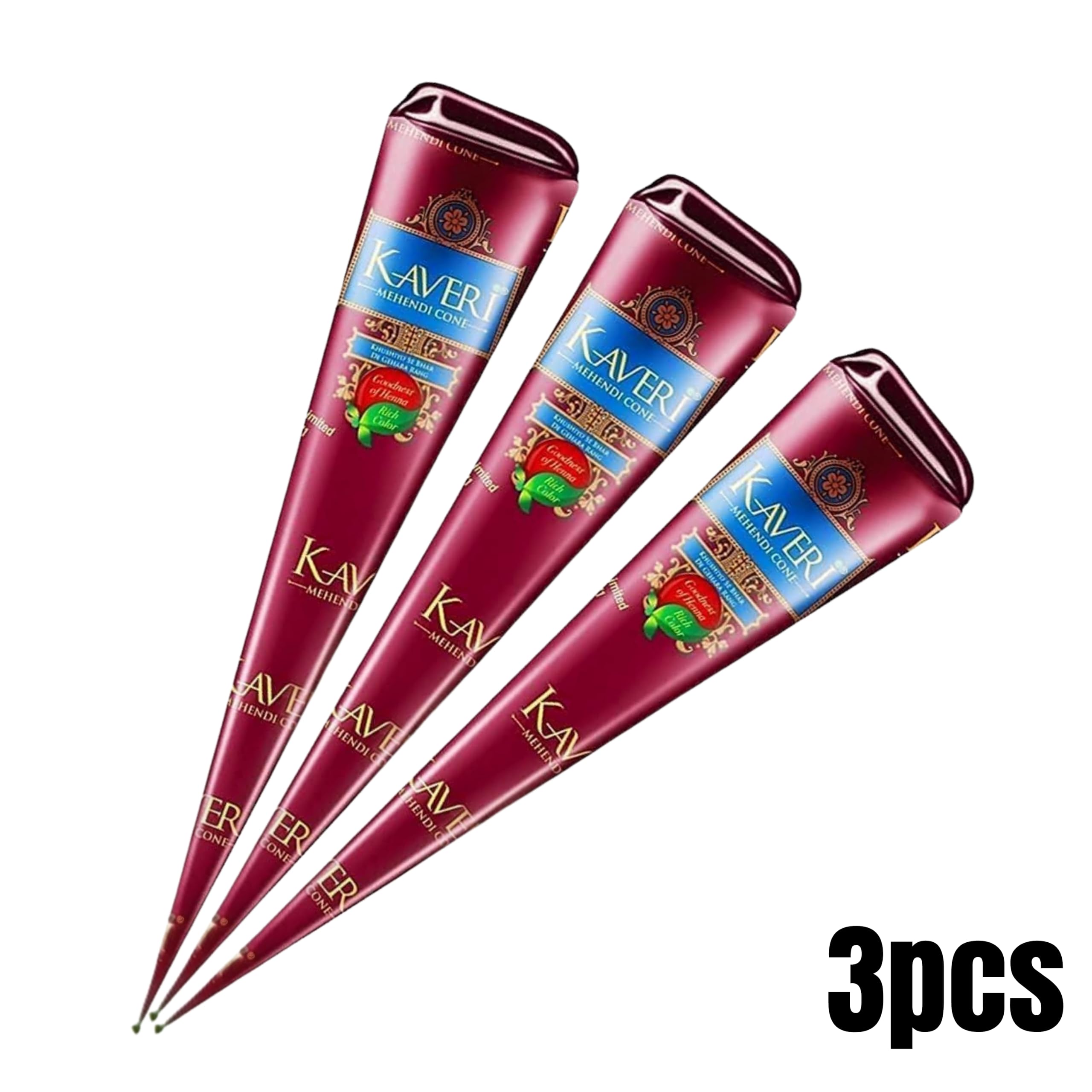 Kaveri Cono Naturale 3 x 25g - Senza PPD & Sostanze Chimiche Lunga Durata | Dermatologicamente Testato Per Decorazioni Creative Facile da Applicare mit Kajal Adesivo