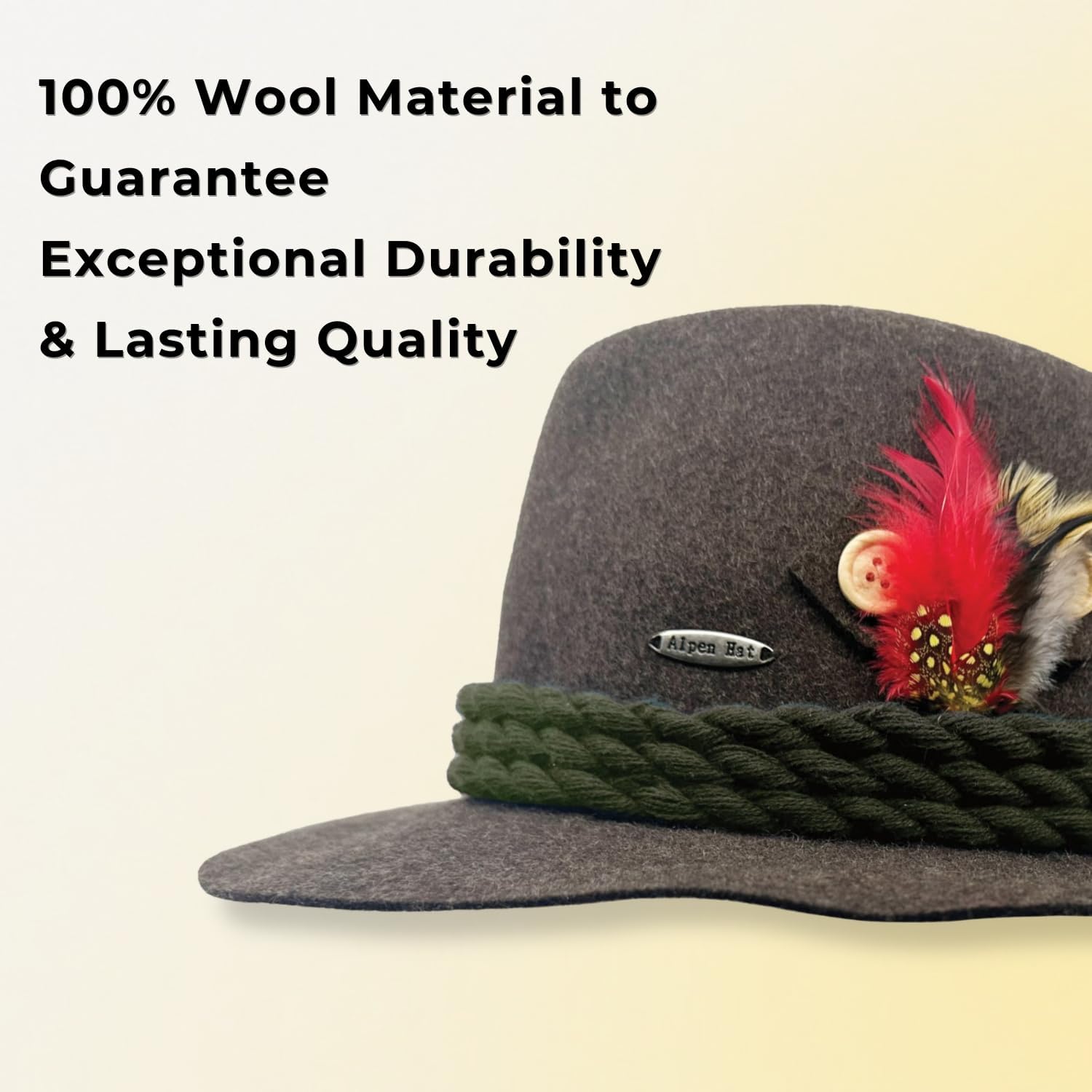 German Hat | 100% Wool Hats for Men & Women - Bavarian Tirol Alps Wool Hat with Feather & Sweat Band | Fedora - Image 3