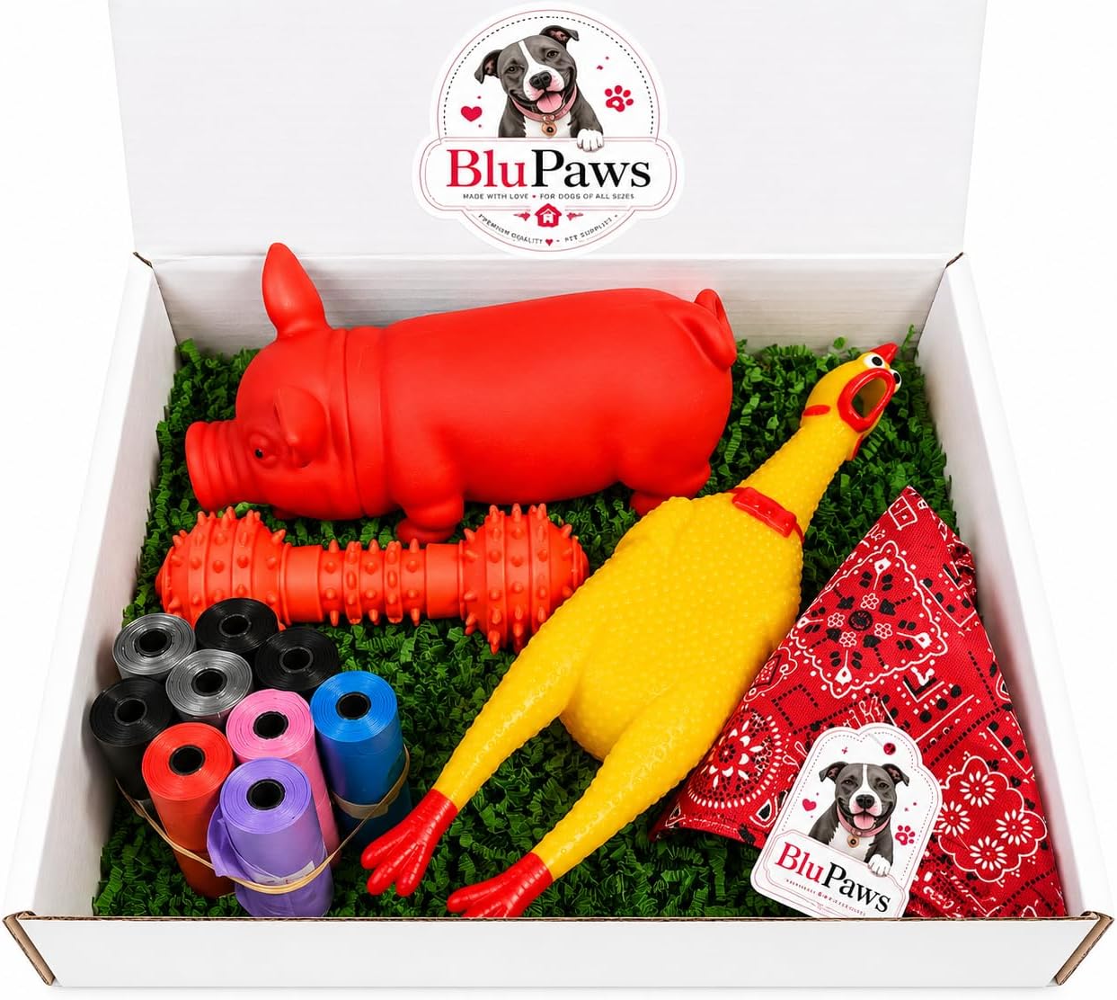Dog Gift Set, 3 Dog Toys, 8 Waste Bag Rolls & Surprise Bandana | Dog Gift Box with 3 Dog Toys, 8 Waste Bag Rolls & Surprise Bandana, Birthday & Holiday Gift