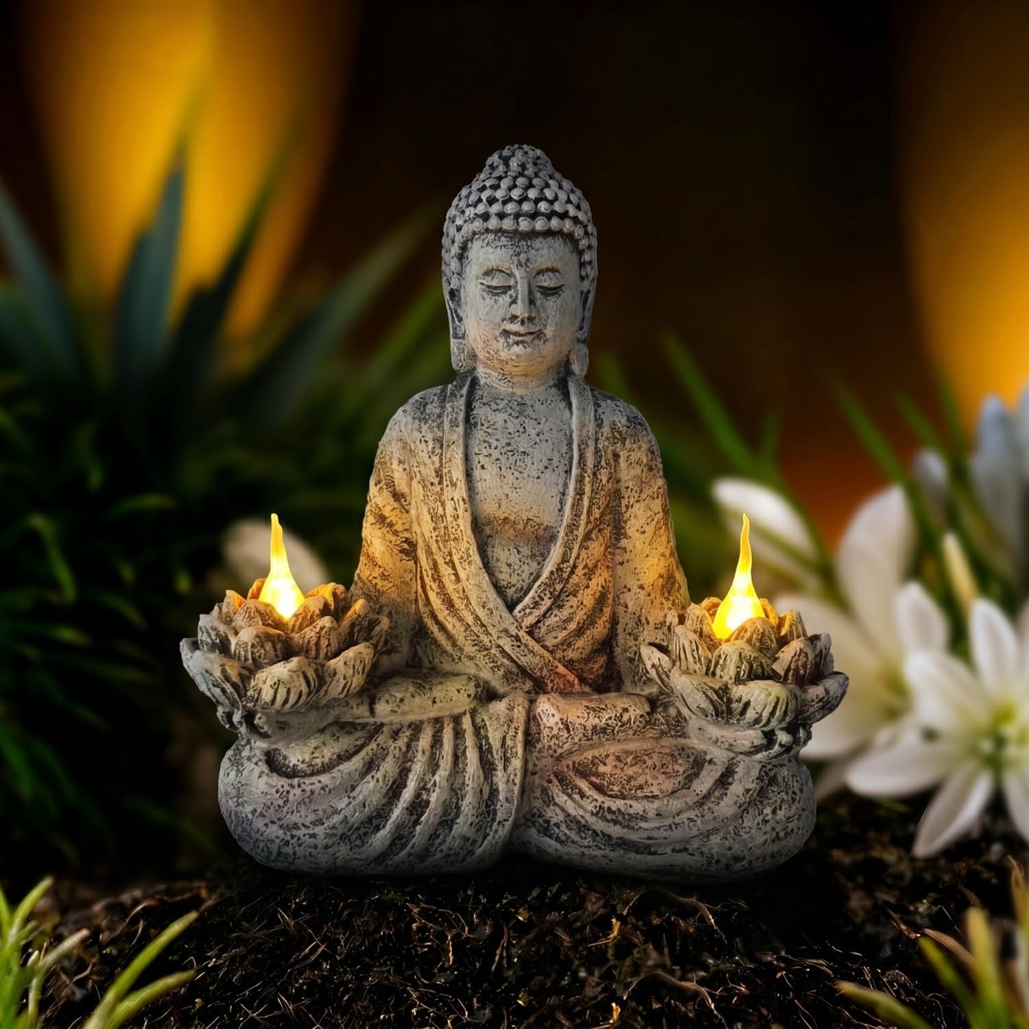 Solar Buddha Statue with Lotus Lanterns, Outdoor Garden Decor Automatic LED Light, Meditation Buddha Figurine for Patio Yard Indoor Zen Space