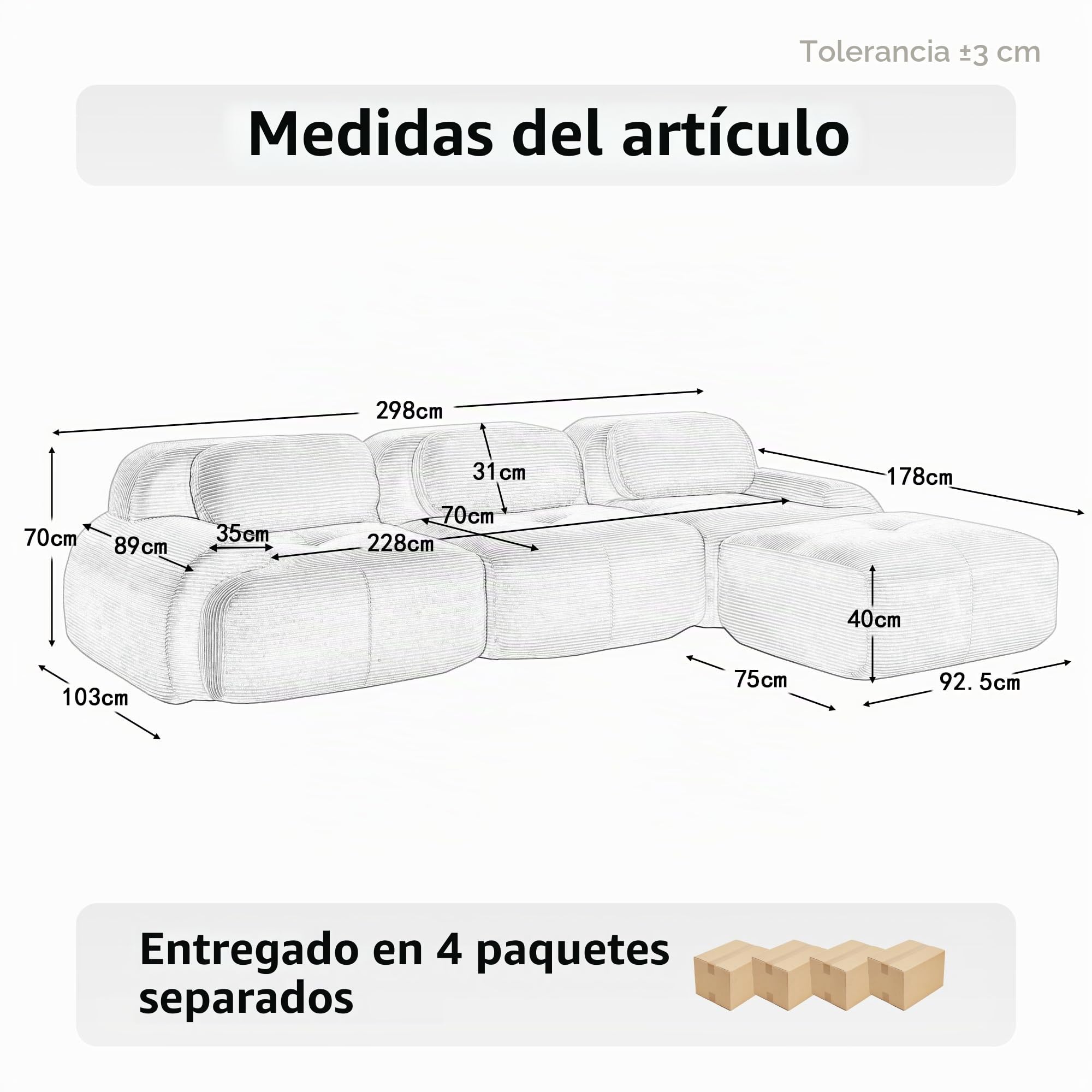 Sofá esquinero moderno de 298 cm con taburete, sofá modular de pana en forma de L, sofá comprimido de 3 a 6 plazas para salón, asiento extraprofundo, no requiere montaje