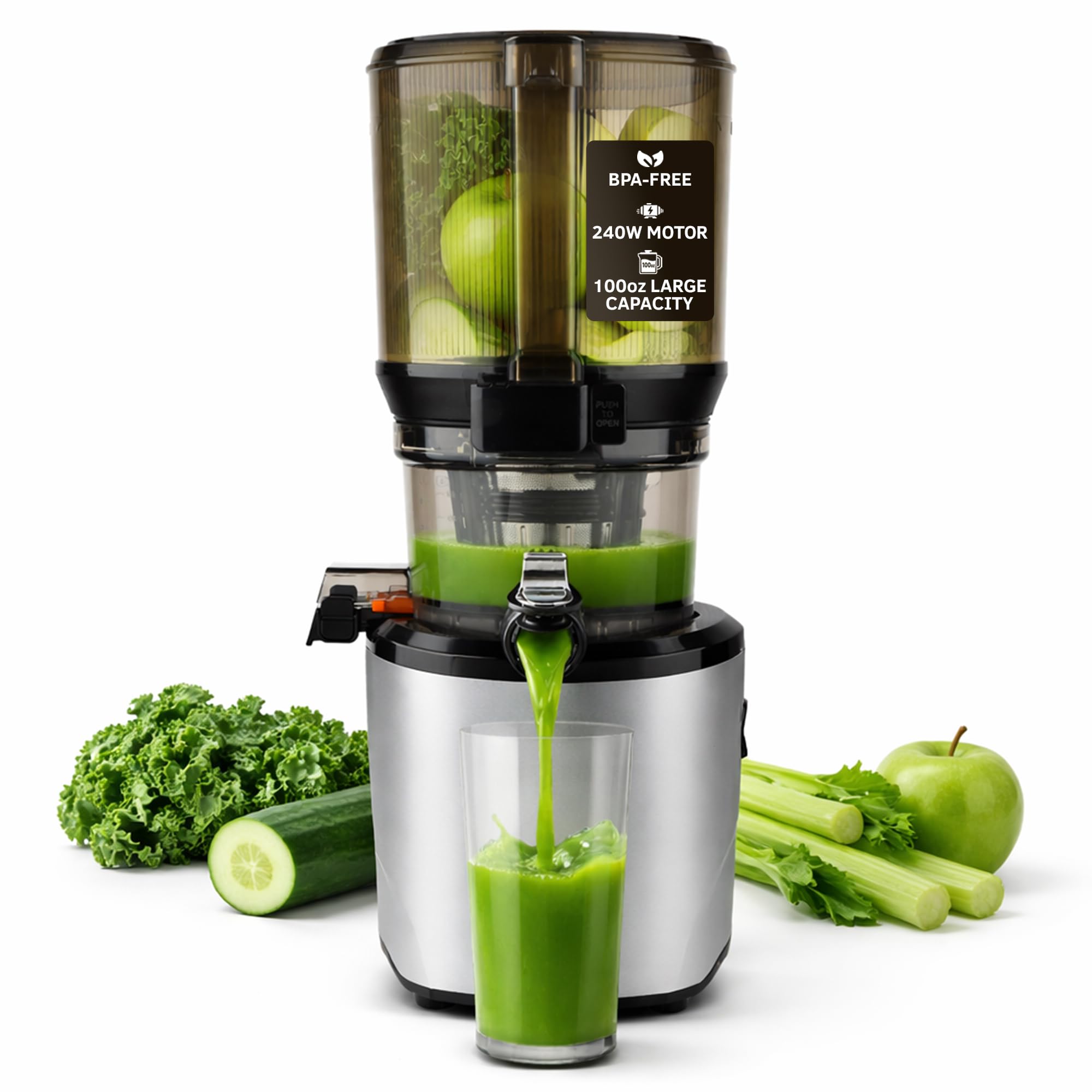 Kuvings AUTO10 Presse-agrumes à froid Argent – Masticage électrique mains libres avec moteur 240 W – Très silencieux avec 2 récipients à percussion de 945 ml pour jus, smoothies, lait de bœuf et