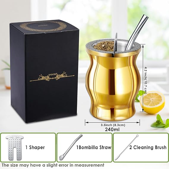 Yerba Mate Cup Set Gold, Highly Polished Mirror Finish, Mate Gourd - 8.5 oz, Includes Mate Cup Double Wall Stainless Steel, Bombilla(Straw), Mate Tea Filter, Cleaning Brush | (Gold)