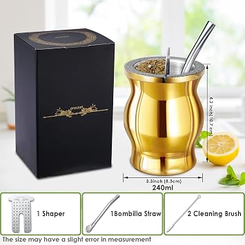 Yerba Mate Cup Set Gold, Highly Polished Mirror Finish, Mate Gourd - 8.5 oz, Includes Mate Cup Double Wall Stainless Steel, Bombilla(Straw), Mate Tea Filter, Cleaning Brush | (Gold)