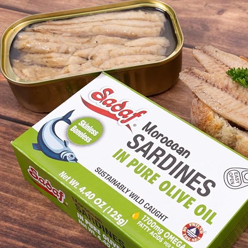 Miniatura 5 de Sadaf Sardinas marroquíes prémium en aceite de oliva, sardinas sostenibles capturadas en la naturaleza para cocinar, sardinas enlatadas en aceite de