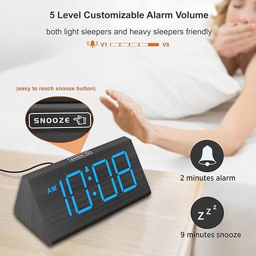 Miniatura 6 de DreamSky Reloj despertador digital de madera para dormitorios, reloj de escritorio eléctrico con números grandes, puerto USB, alarma fuerte