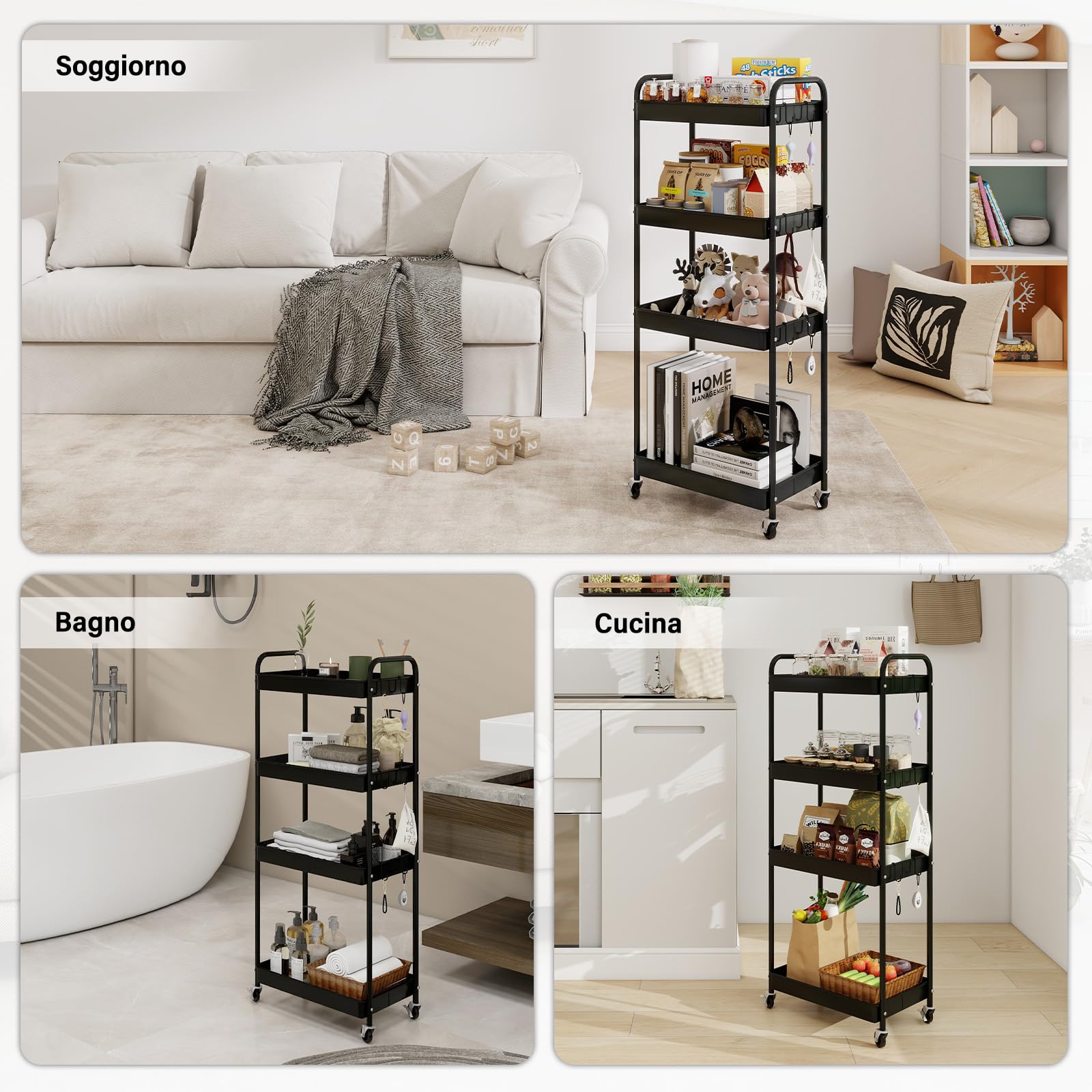 PUNCIA Carrello Portaoggetti a 4 Ripiani in Metallo, Carrello con Rotelle, Etagiera da Cucina con Ruote e Antiruggine, Facile da Pulire, Scaffale Mobile per Cucina, Soggiorno e Bagno (Nero)