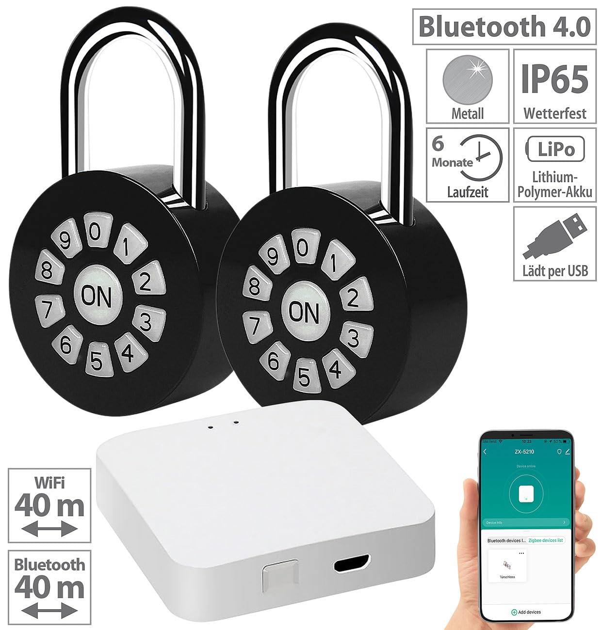 Xcase Kellerschloss Bluetooth: 2er Metall-Vorhängeschloss mit Zahlencode und App, IP65 + Gateway (Gateways, Bluetooth, Passwortschloss, Home)