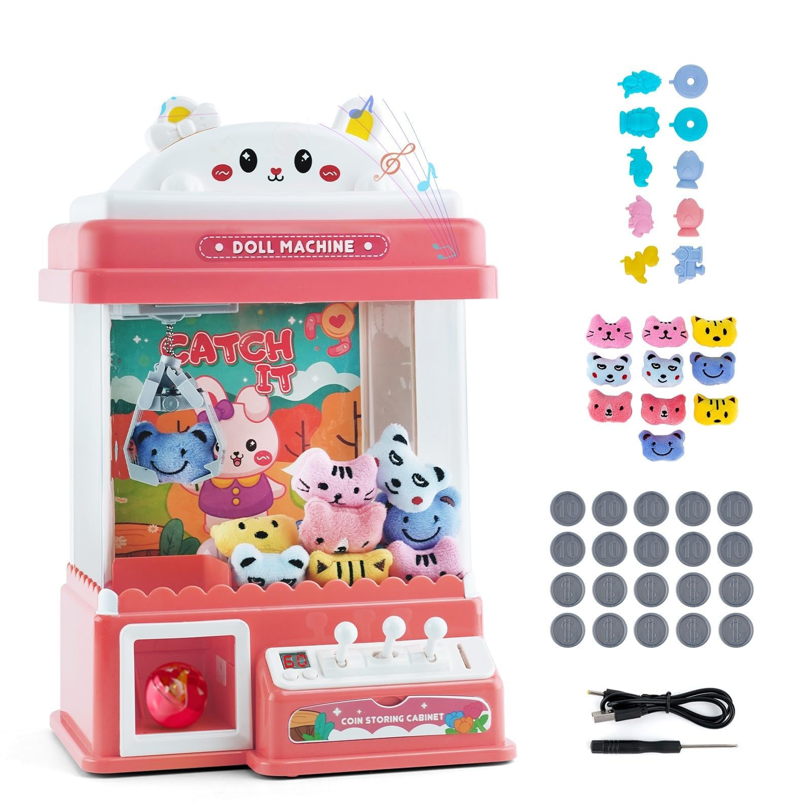 Mini Candy Doll Grabber Machine Gachapon Grabber Candy Grabber Machine con Empujadores De 20 Piezas Y MáQuina De Brazo Agarrador, Juguetes De Peluche, MáQuina De Garras para NiñOs