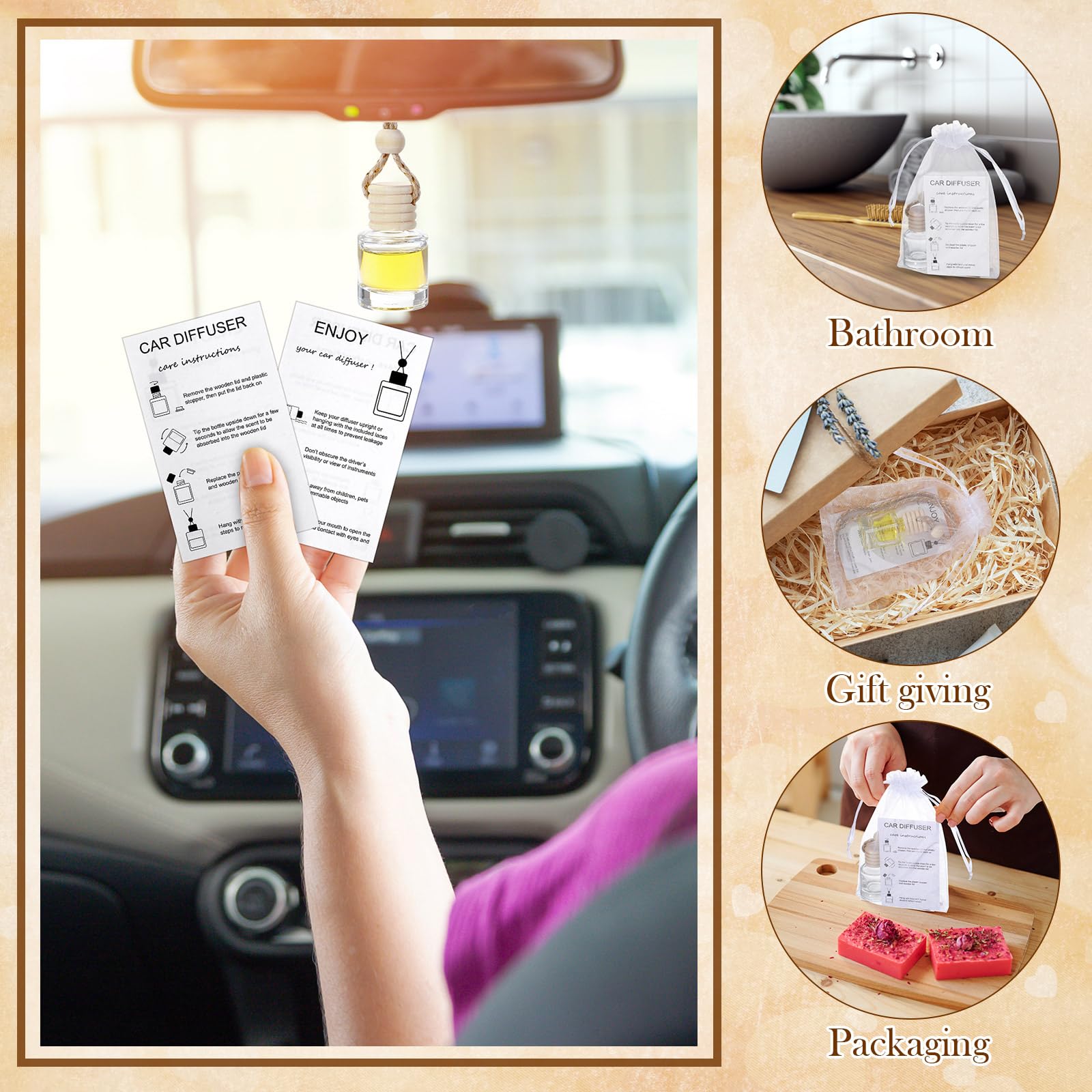 Boao Lot de 25 flacons diffuseurs de désodorisant pour voiture à suspendre avec 2 diffuseurs de voiture de 9,9 cm, carte d'instructions (français non garanti) 10,2 x 15,2 cm, sac en organza vide