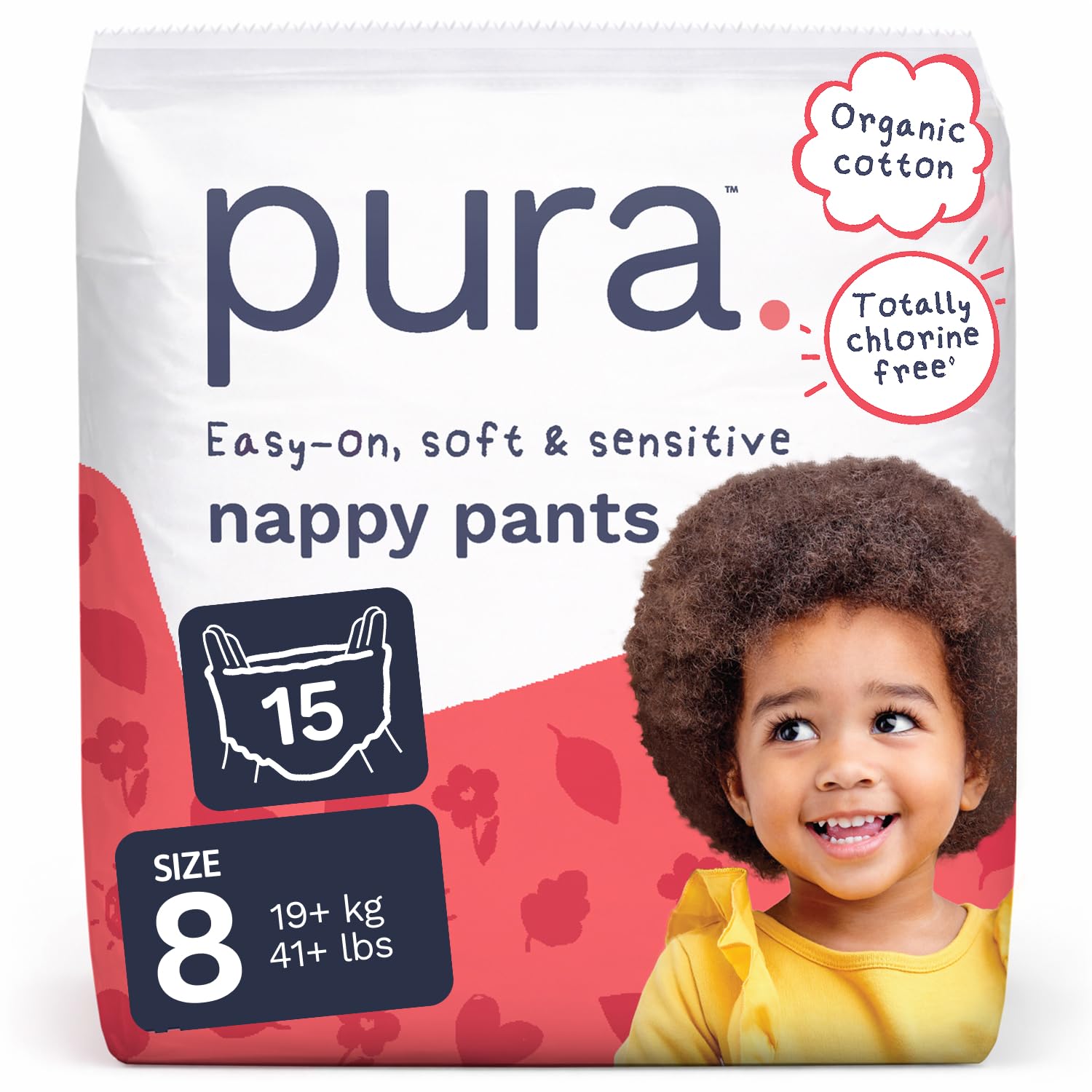 Pura Nappy Pants Size 8, 15 Count, 19kg+, 360° Stretch Fit, Potty Training Pants for Hypoallergenic & Sensitive Skin, Up to 12 Hours Overnight Leak Protection, Totally Chlorine Free
