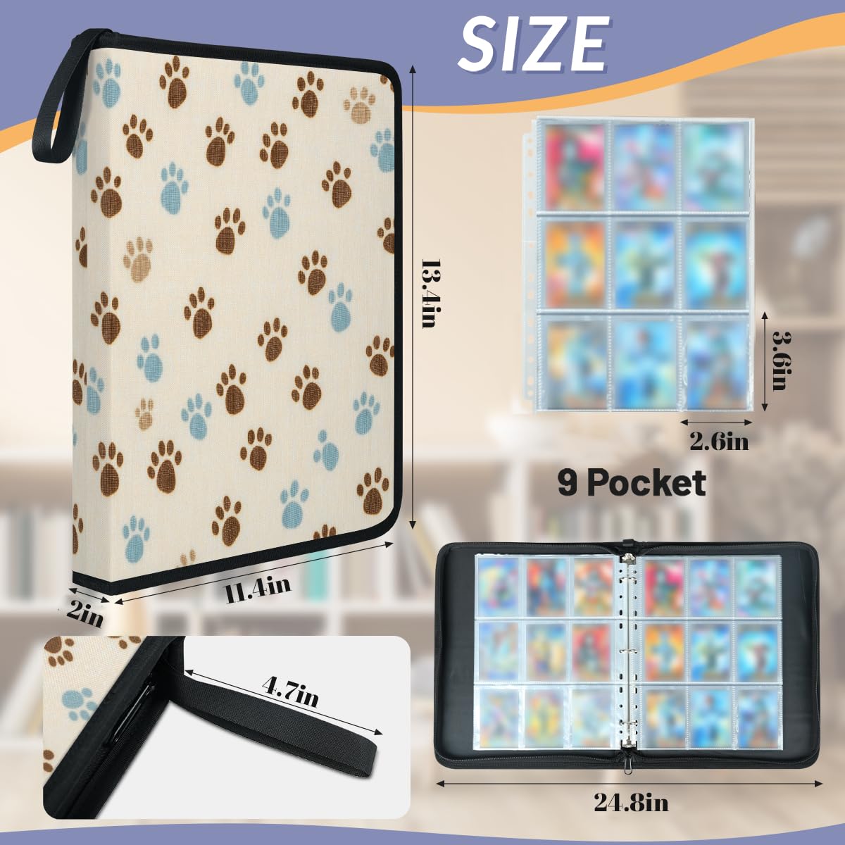 Mexpekil Raccoglitore per carte con zampa di cane, marrone, blu, 9 tasche con 50 pagine a caricamento laterale, per 900 carte, con cerniera, impermeabile, porta carte
