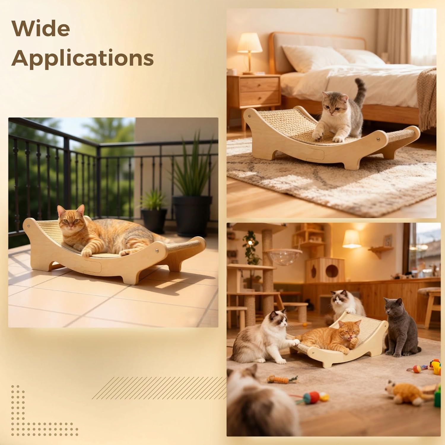 E0 Grade Solid Wood Cat Hammock Lounge Chair, Large Sisal Cat Scratcher Bed, 19.7 X 13 X 6.7 in, Beige Cat Scratching Board Bed for Relaxing and Playing