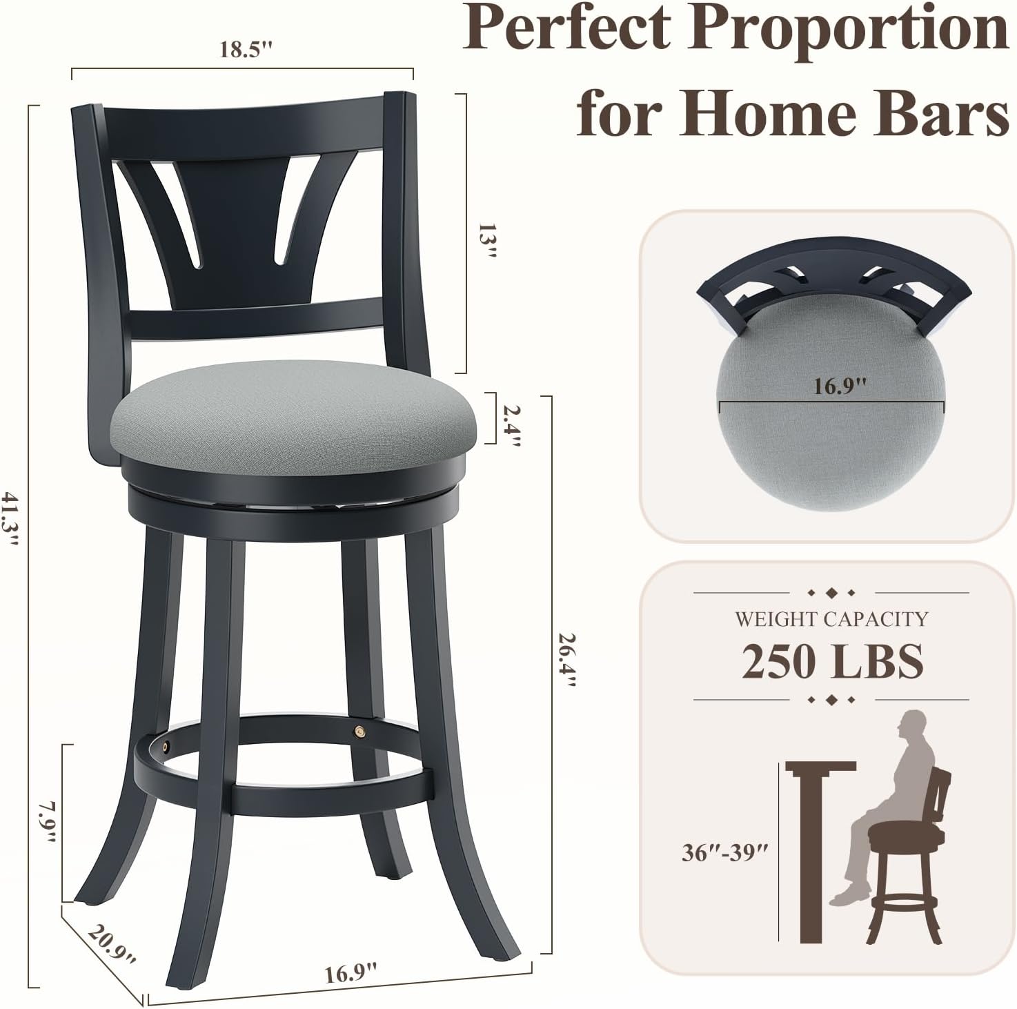 MALOL Swivel Bar Stools Set of 1, 26 Inch Counter Height Barstool with Silent Rotation, High-Density Foam Cushion, Solid Wood Frame, Footrest & Anti-Slip Pads for Kitchen Islands and Home Bars (Grey)