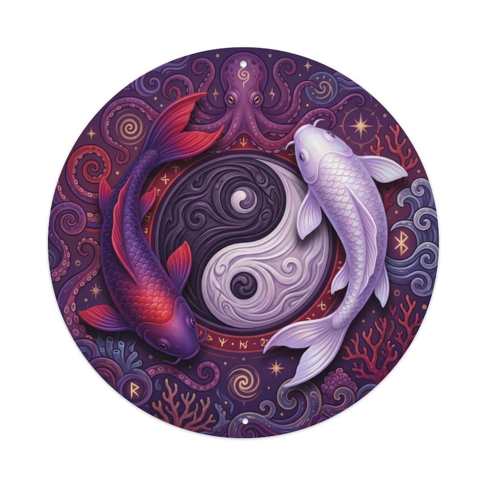 Tai Chi Koi Fish Octopus Purple Red Ocean Metal Tin Sign