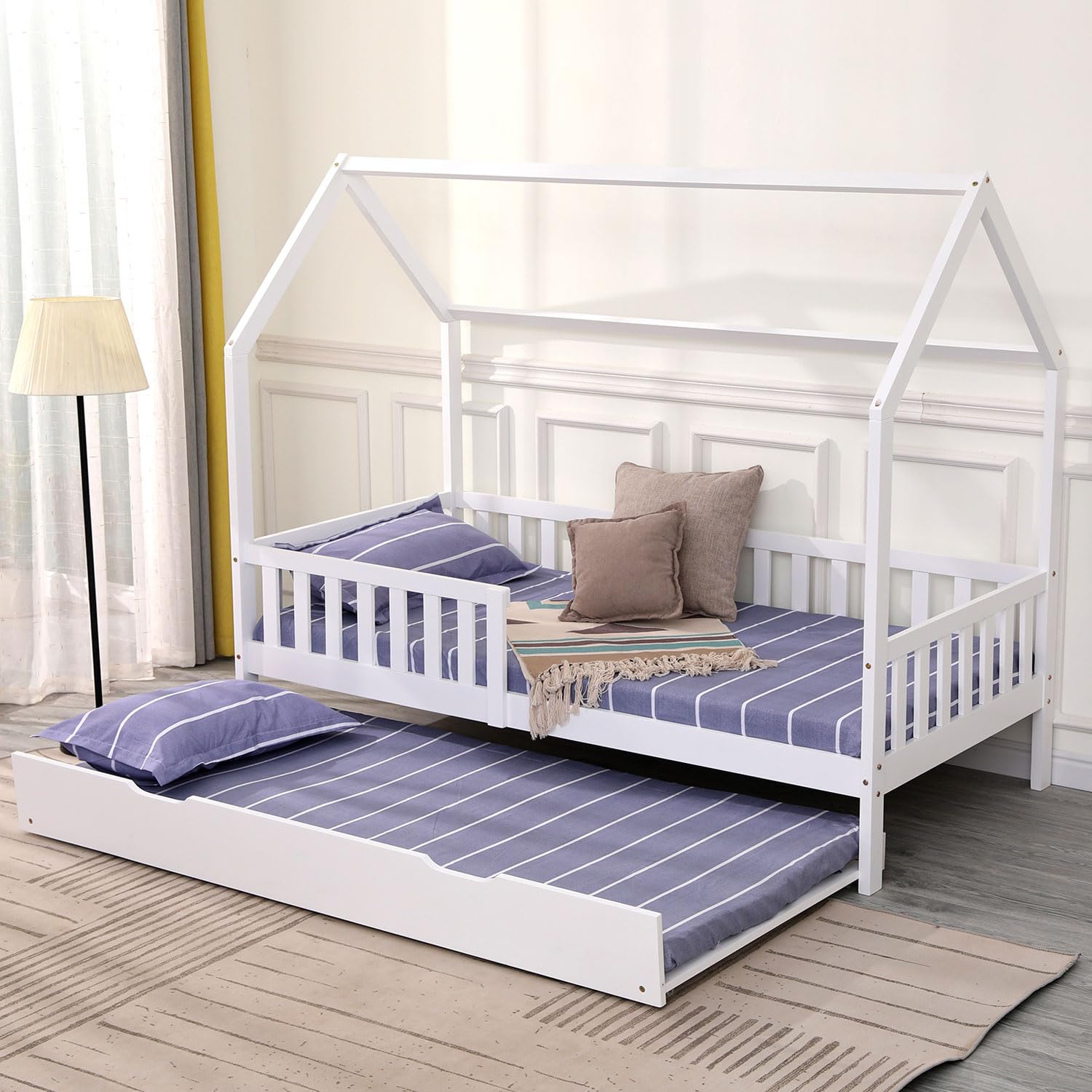 Happy Garden Cajón Blanco Marceau, Cama Adicional de Madera con somier y Ruedas, se Puede Guardar Debajo del somier