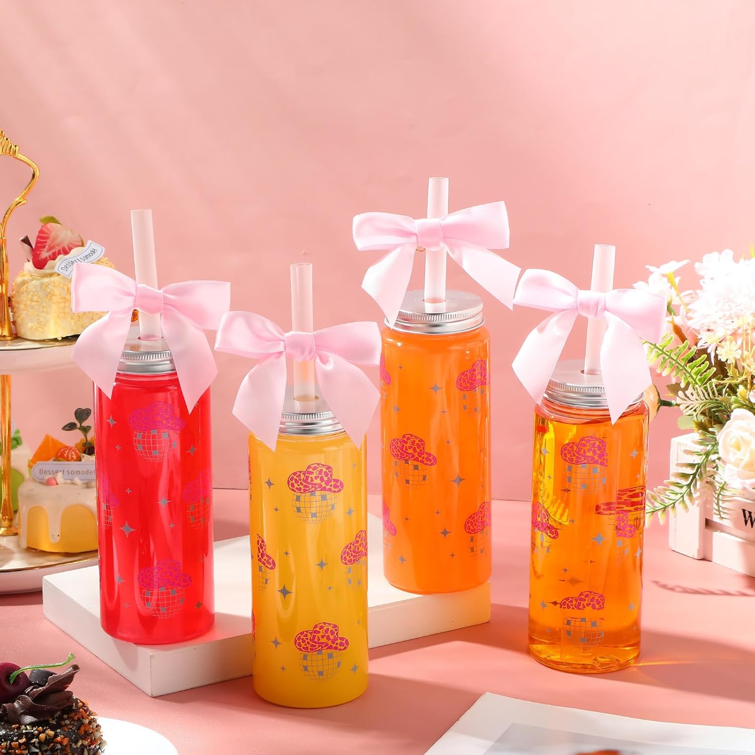 Honeydak 12 Pcs Western Cowgirl Cowboy Pink Plastic Tumbler 14.2 oz Plastic Cups with Lids and Straws and Bows, Cowgirl Tumbler for Disco Bachelorette Birthday Wedding 70s 80s 90s Party - Image 4