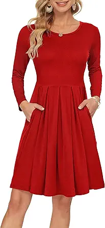 AUSELILY Women's Long Sleeve Casual Dress with Pockets Knee Length