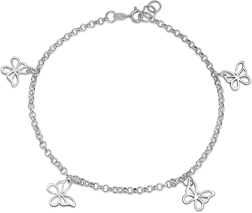 Bling Jewelry Nature Garden Multi Dangle Charm Butterfly Anklet Foot Ankle Bracelet For Women Teens .925 Sterling Silver Adjustable 9 To 10 Inch