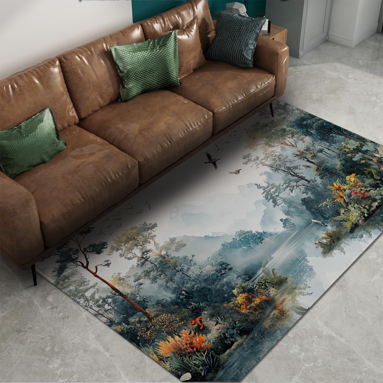Tapis art nature chinoise 120x200cm en flanelle pliable imprimé oiseaux en vol et forêt