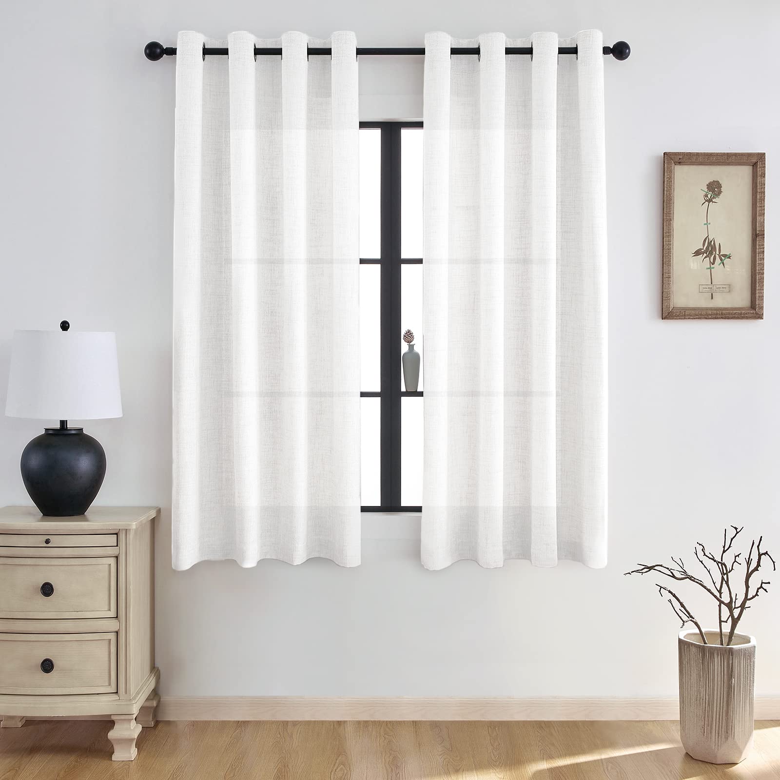 Melodieux Vorhang mit Ösen - Leinenvorhang Weiss Halbfrei Vorhänge 2er Set, 225x140cm, Gardinenschals Gardine Ösenschal Wohnzimmer Fensterschal Lichtdurchlässig Dekoschal Schlafzimmer