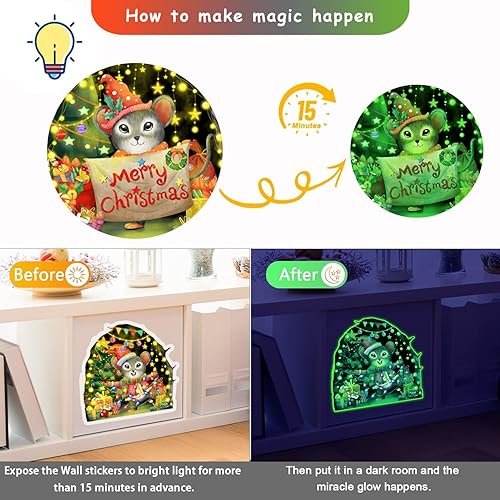 Miniatura 5 de Calcomanías de pared de Navidad, 8 unidades, calcomanías de pared de ratones de Navidad que brillan en la oscuridad, decoración de pared de árboles