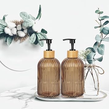 Amber Glass Soap Dispenser with Pump, 2 Pack 13.5oz Vertical Stripe Design Hand Soap Dispenser for Hand Wash, Dish Wash, Elegant Dispenser for Bathroom and Kitchen