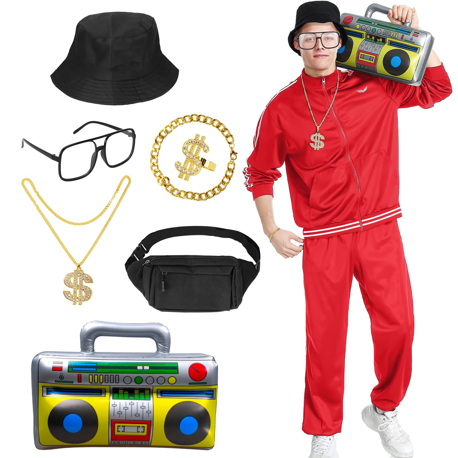 9 Pcs 80s Tracksuit for Men Halloween Costumes Retro Windbreaker Outfit 90s Mens Track Suits Sportswear for Halloween Carnival Party Disco Party Costumes (Red