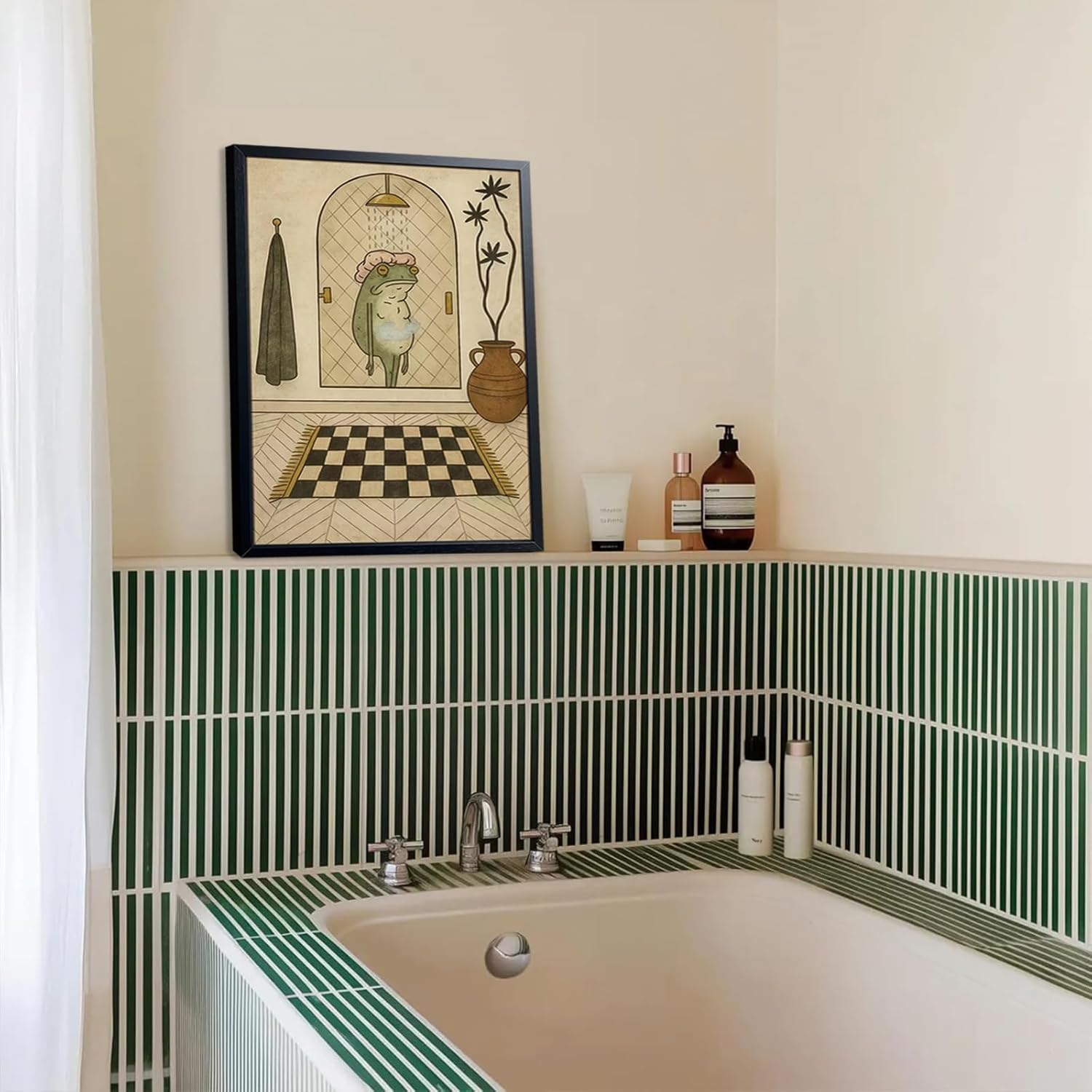 Funny Frog Bathroom Wall Art, Cute Frog Picture Wall Decor, Bathroom Animal Canvas Print Painting for Home Dorm Apartment Toilet Decor 16x24 Inch Framed