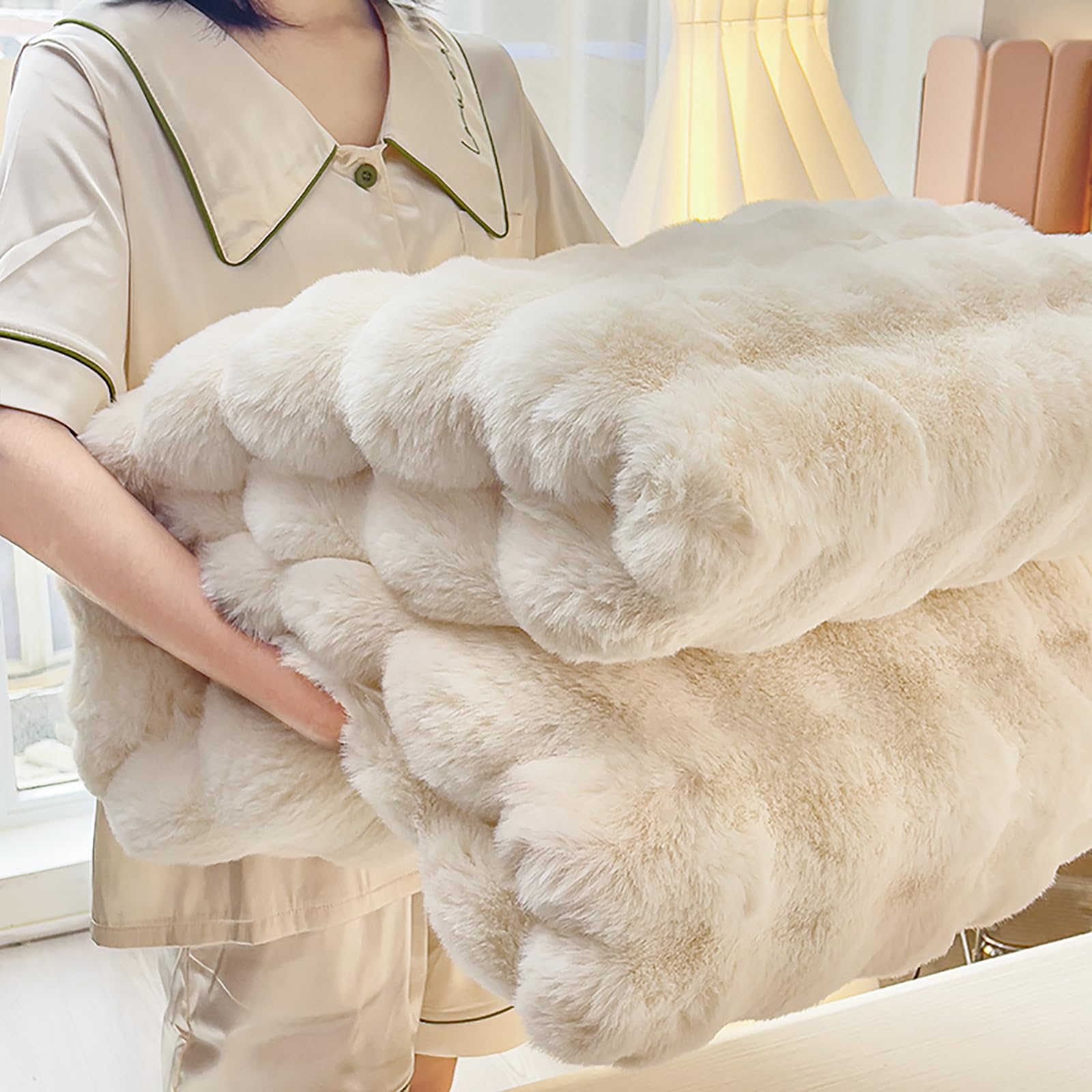 Kunstpelz-Decke aus Kaninchenimitat, luxuriöse weiche warme Bubble-Decke für Bett, Couch, Sofa, Beige, 152 X 203 cm