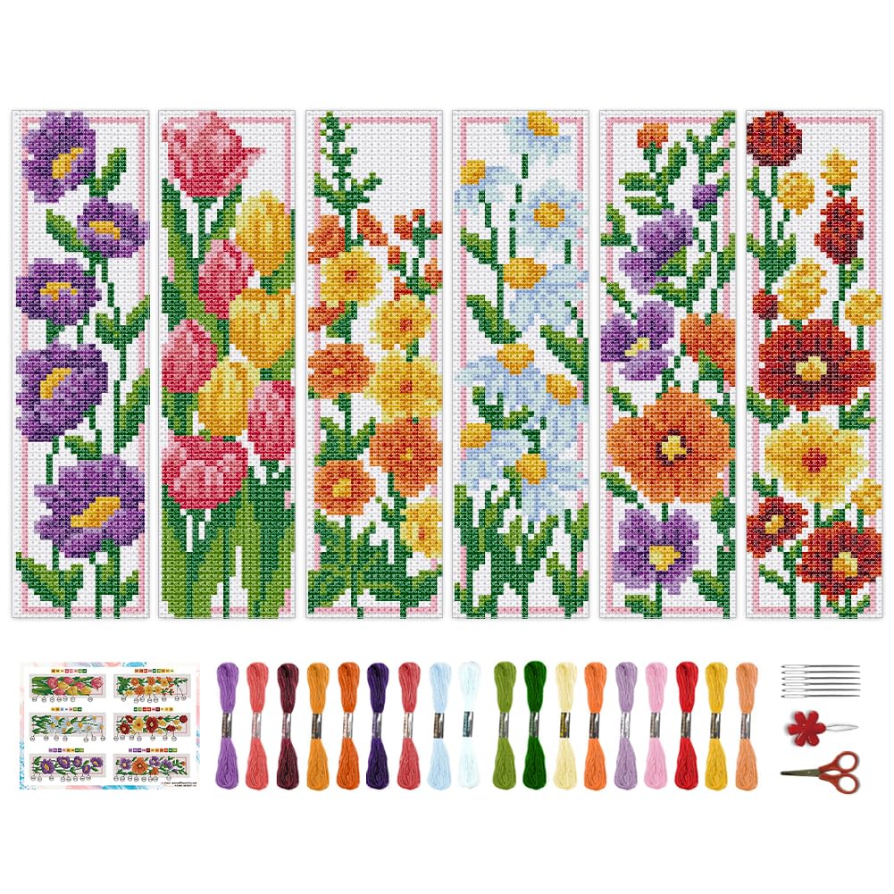 BEUNITONE 6 Set Floral Bookmark Cross Stitch Kits for Beginners Flora Bookmarks Counted Cross-Stitch Kit Flowers Pattern Punch Needle Kit Cute Stamped Embroidery Bookmark DIY Crafts 8''x2.4''-image-39