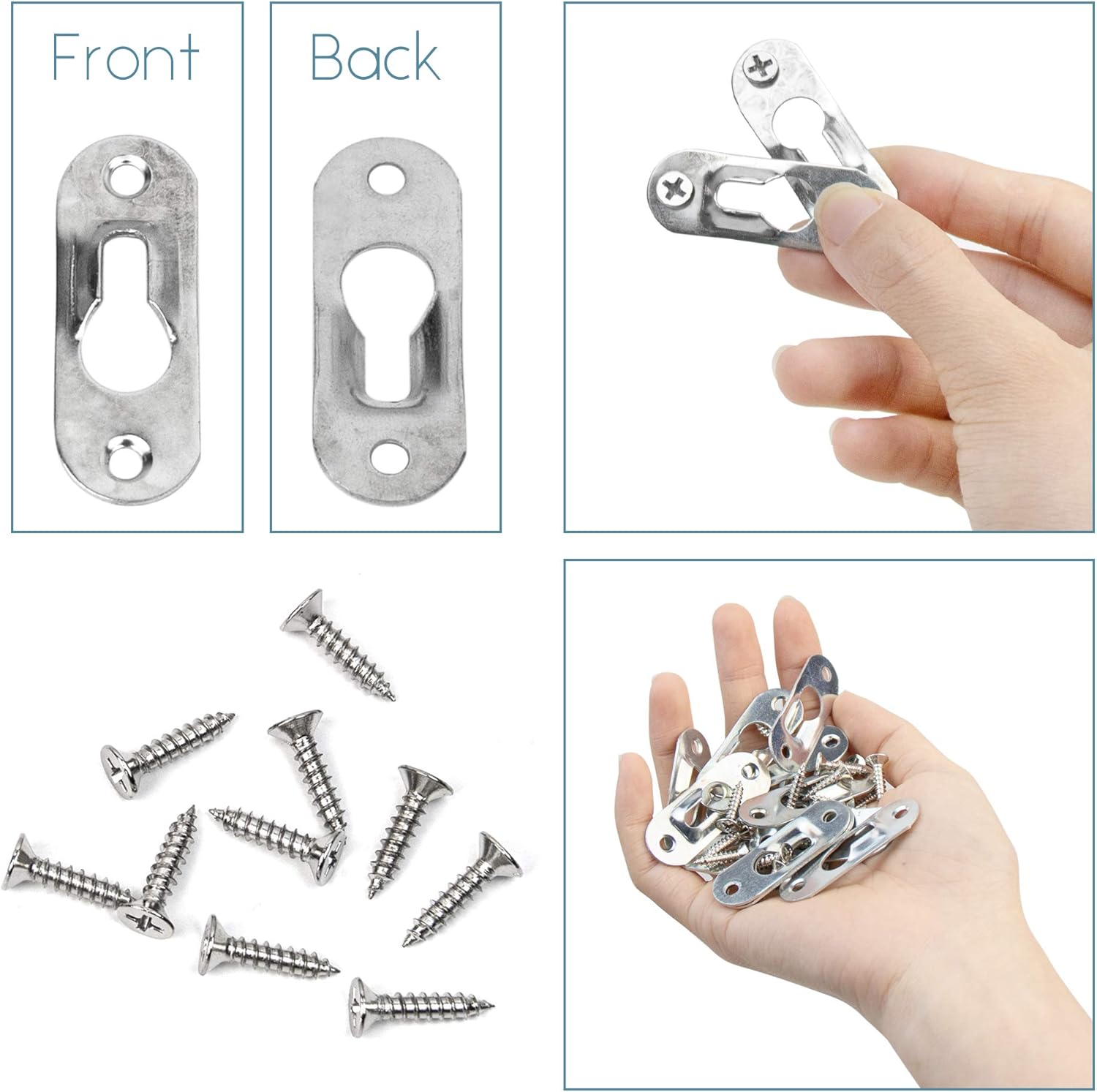 Framendino, 20 Pack Silver Metal Single Keyhole Hangers with Screws Hanger Fasteners Picture Hanging Bracket Plate for Mirror Frames 43 mm x 16mm