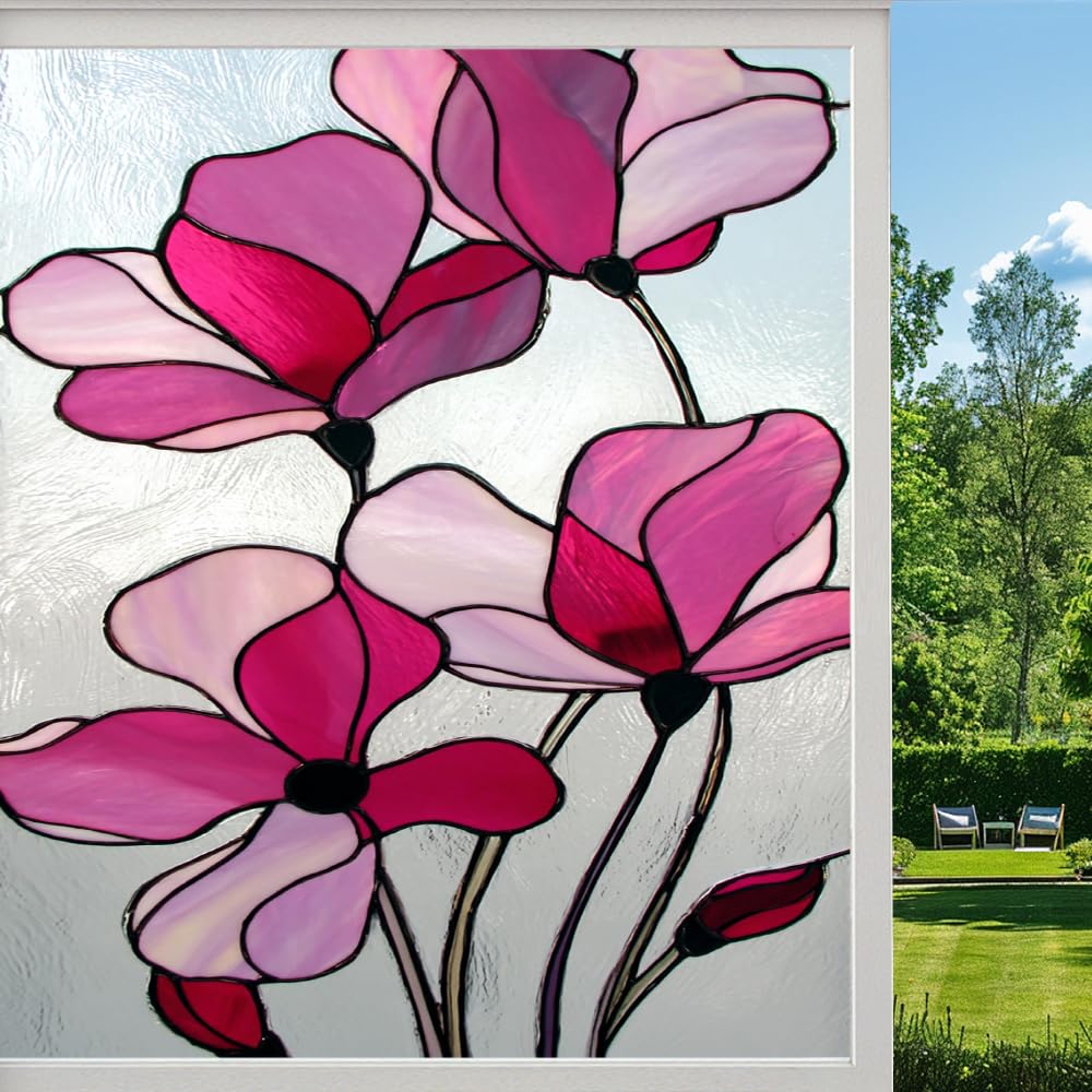 Retro Flowers Frosted Window Film, Natural Floral Blossom Plant Stained Glass Privacy Film, Heat Insulation Self-Adhesive Vinyl for Bathroom Office, （45x60cm）