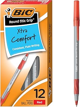 أقلام حبر جاف BIC Round Stic Grip Xtra Comfort باللون الأحمر، نقطة متوسطة 1.2 مم، عبوة مكونة من 12 قطعة، أقلام كتابة ممتازة مع قبضة ناعمة لراحة وتحكم رائعين