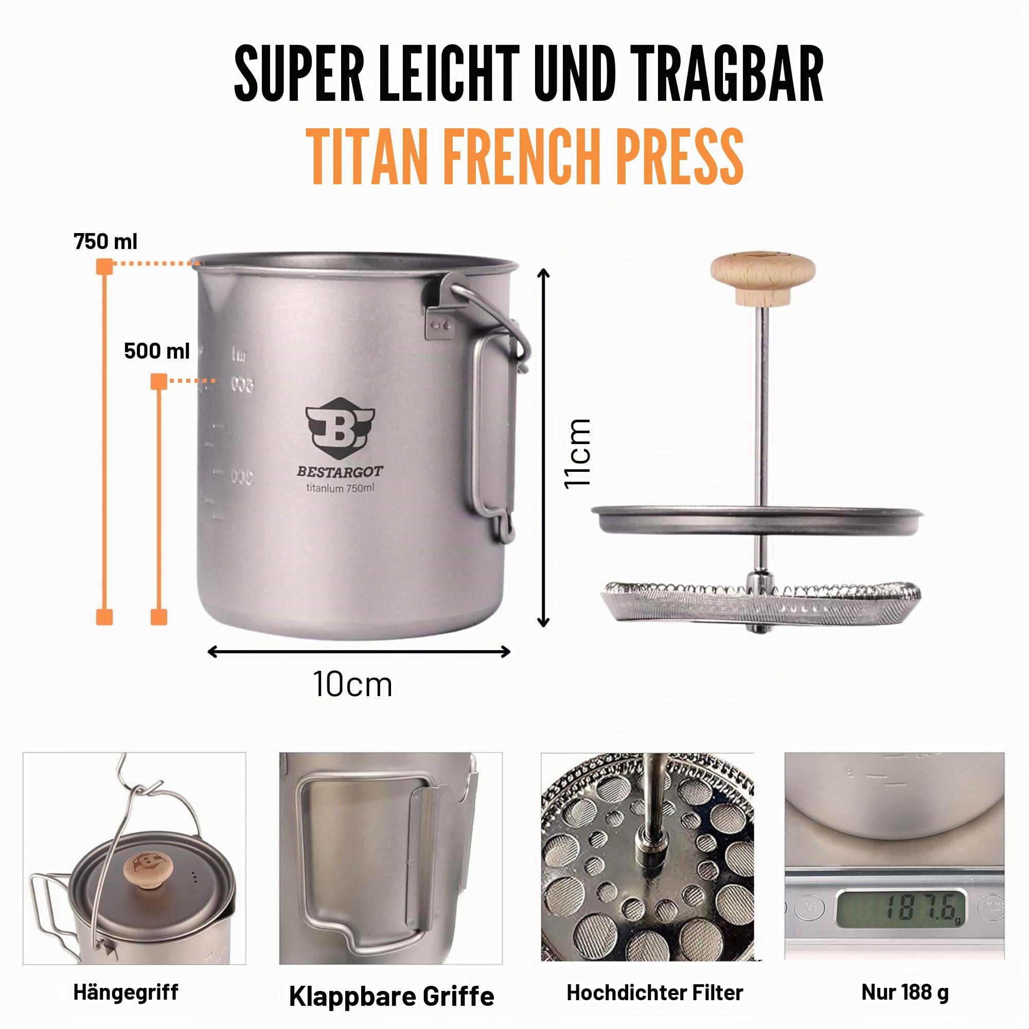 Bestargot Camping Titan Topf Becher Tasse Outdoor, 750ml max French Press Titan Campinggeschirr, Outdoor kaffeekocher Camping Kochgeschirr, 188g