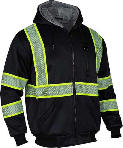 BLKNIGHTS Sudadera de seguridad con capucha para hombre, forro polar de lana reflectante, alta visibilidad, ANSI Clase 3, color negro