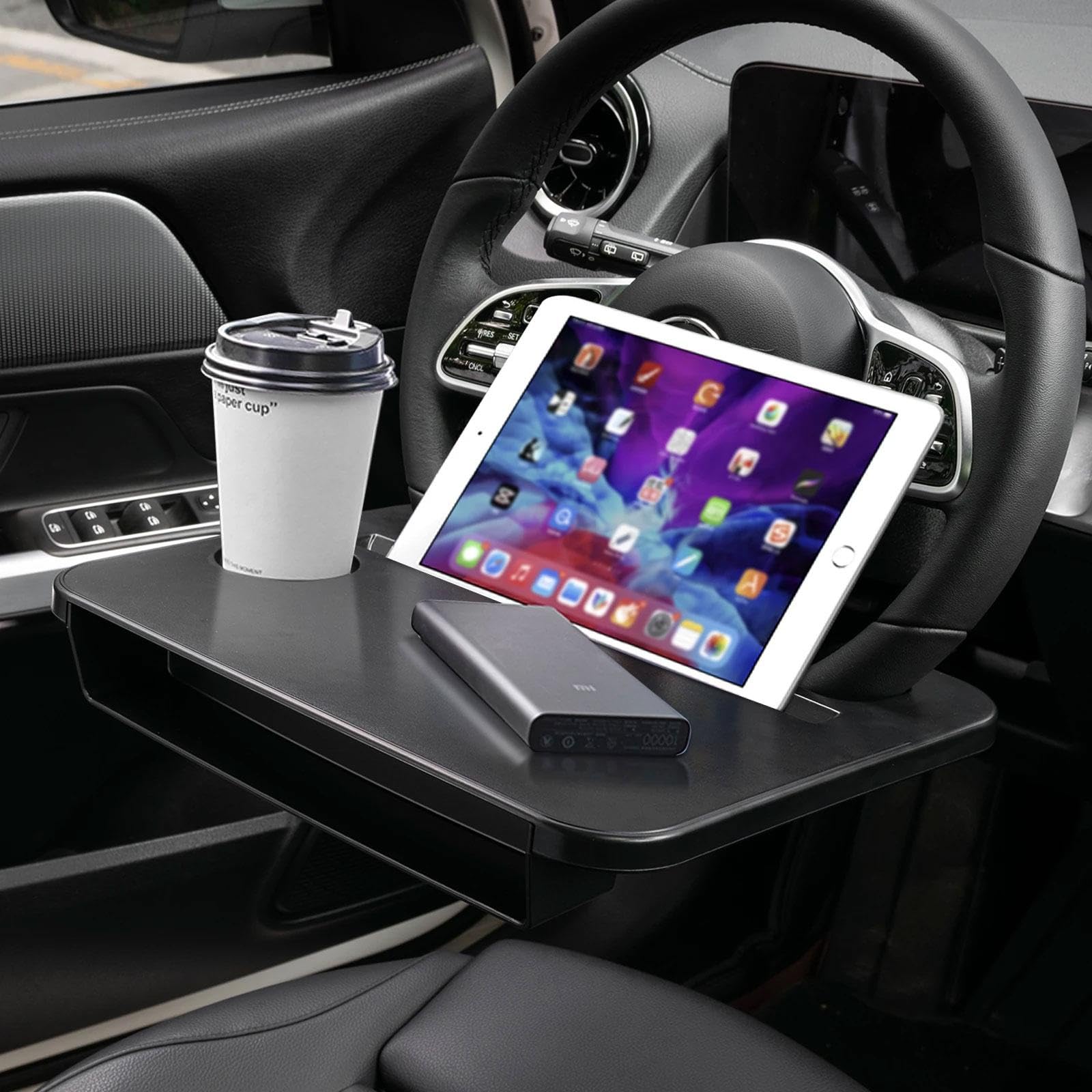 Oshotto FT-06 Dual purpose Car Steering Wheel Rack desk Vehicle seat gap organizer dinning car tray table Cup Holder Compatible with Honda Elevate (Black)-image-9