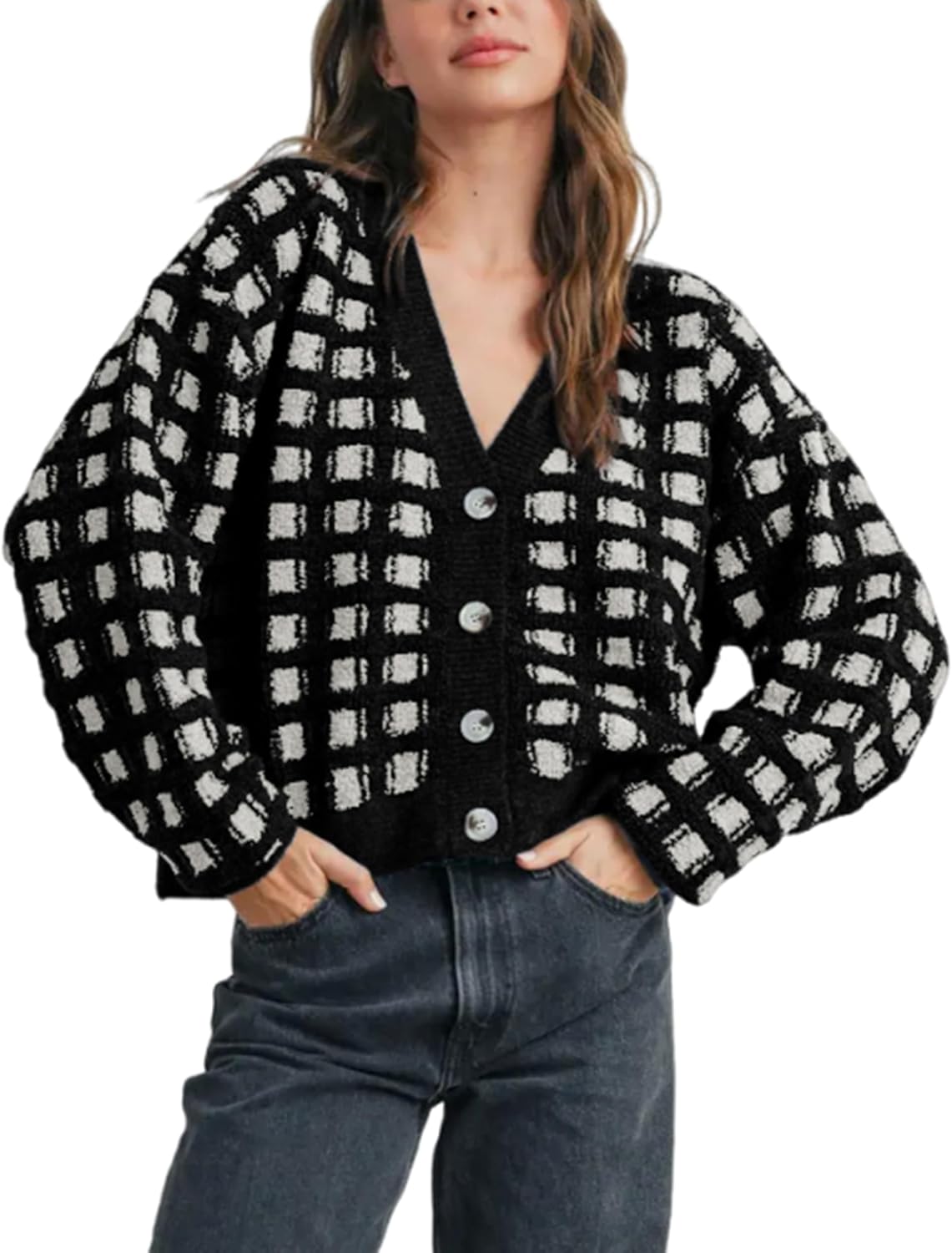 Ailoqing Womens Checkered Cardigans Sweaters V Neck Button Down Long Sleeve Cable Knit Outerwear Tops